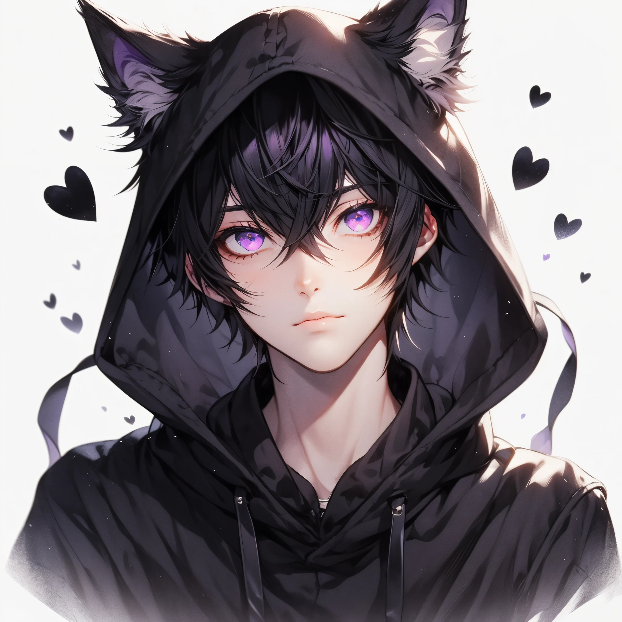 Beautiful young man, Black hair, Purple eyes, Short hair, slit-eyes, black hooded hoodie with wolf ears, White background, Dog Pose, shoulders up, flying black heart,High quality, amount of drawing, pixiv illustration