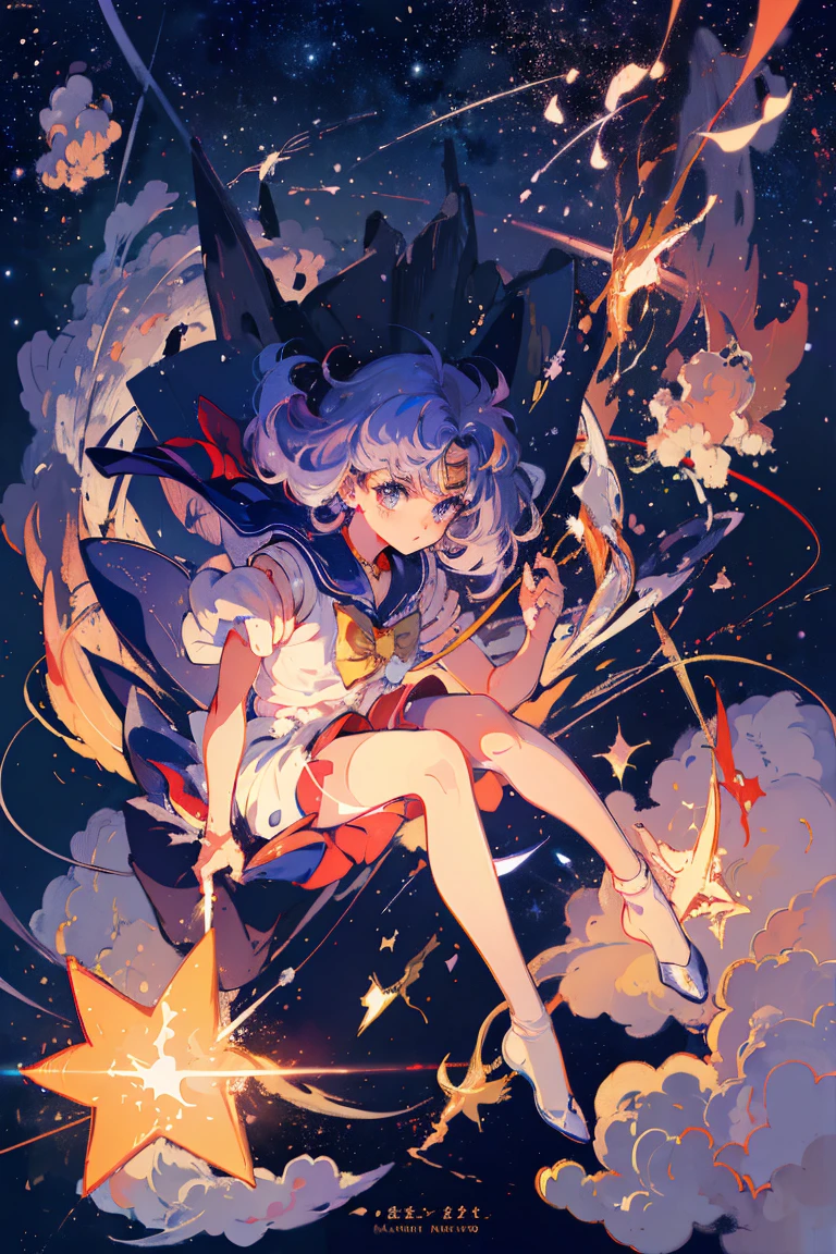 (masterpiece、top-quality、Official art:1.2)、Look at viewers、())、(Sailor moon costumei)star island、Star fragments are scattered、(Meteor swarm),floating colorful starry sky、(2D:1.5)