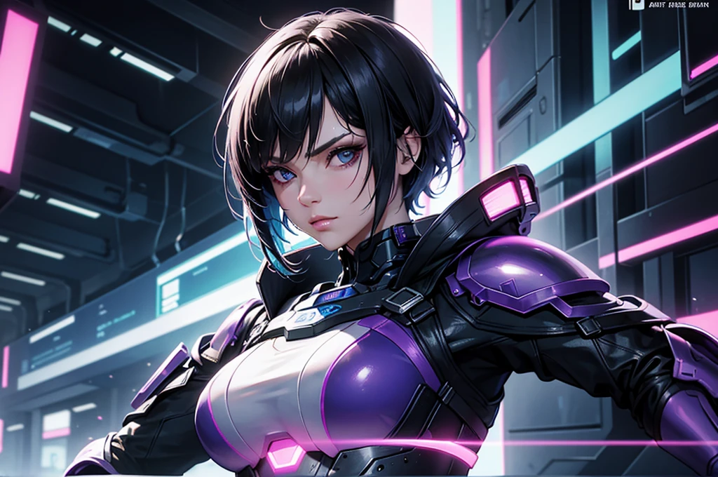 "Please create a UV Texture with the following characteristics: Representation of an entire glass, from the front, with a beautiful cyberpunk princess dressed in armor and short hair. The image must be hyper-realistic, with an extremely detailed face. The resolution texture should be 16k ."