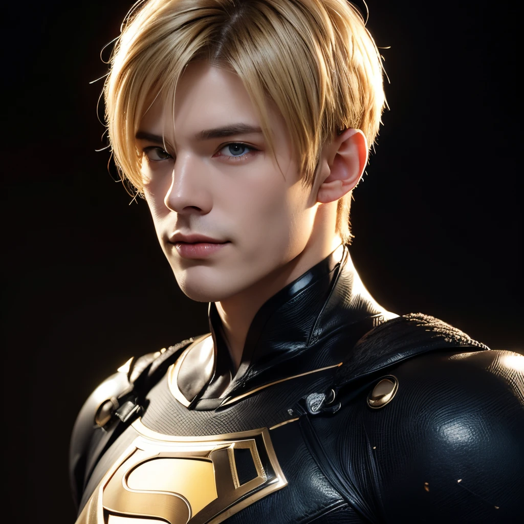 (masterpiece), 8k cg, best quality, intricate details, chromatic aberration, close up, ((bust shot)), ((looking at the viewer)), 1boy, ((Character((a boy)), smug smile, closed mouth, blue eyes)), strong face, handsome face, defined jawline, chiseled face, sharp features, cheekbones, sharp facial features, ((short hair, ((blonde hair)), long bangs)), ((super hero, white and gold body suit)), defined body, manly features, wide shoulders, slender, muscular body, (((background(((dark background)), fog)))