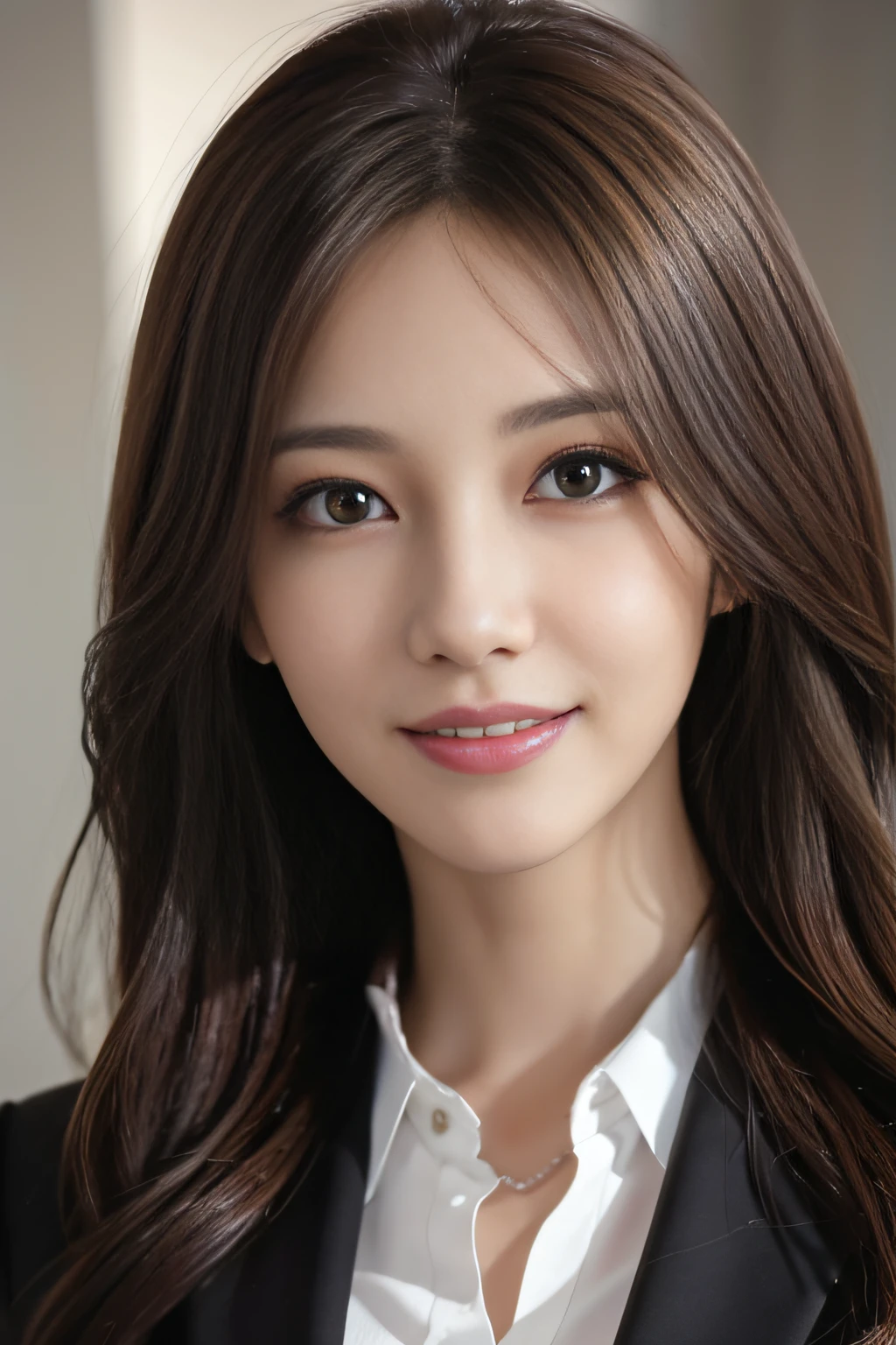 masutepiece, Best Quality, Photorealistic, Ultra-detailed, finely detail, High resolution, 8K Wallpaper, 1 beautiful woman,, light brown messy hair, in a business suit, foco nítido, Perfect dynamic composition, Beautiful detailed eyes, detailed hairs, Detailed realistic skin texture, Smiling, Close-up portrait, Model body type