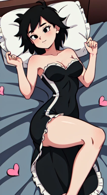 Gine, Black Hair, Short Hair, Black Eyes, seductive, medium breast, bare shoulder, strapless, black sweetheart dress, short black dress, black pencil dress, lovely legs, lying in bed, bed sheet, frilled pillow, frills, heart pillow, pinup, 2D illustration