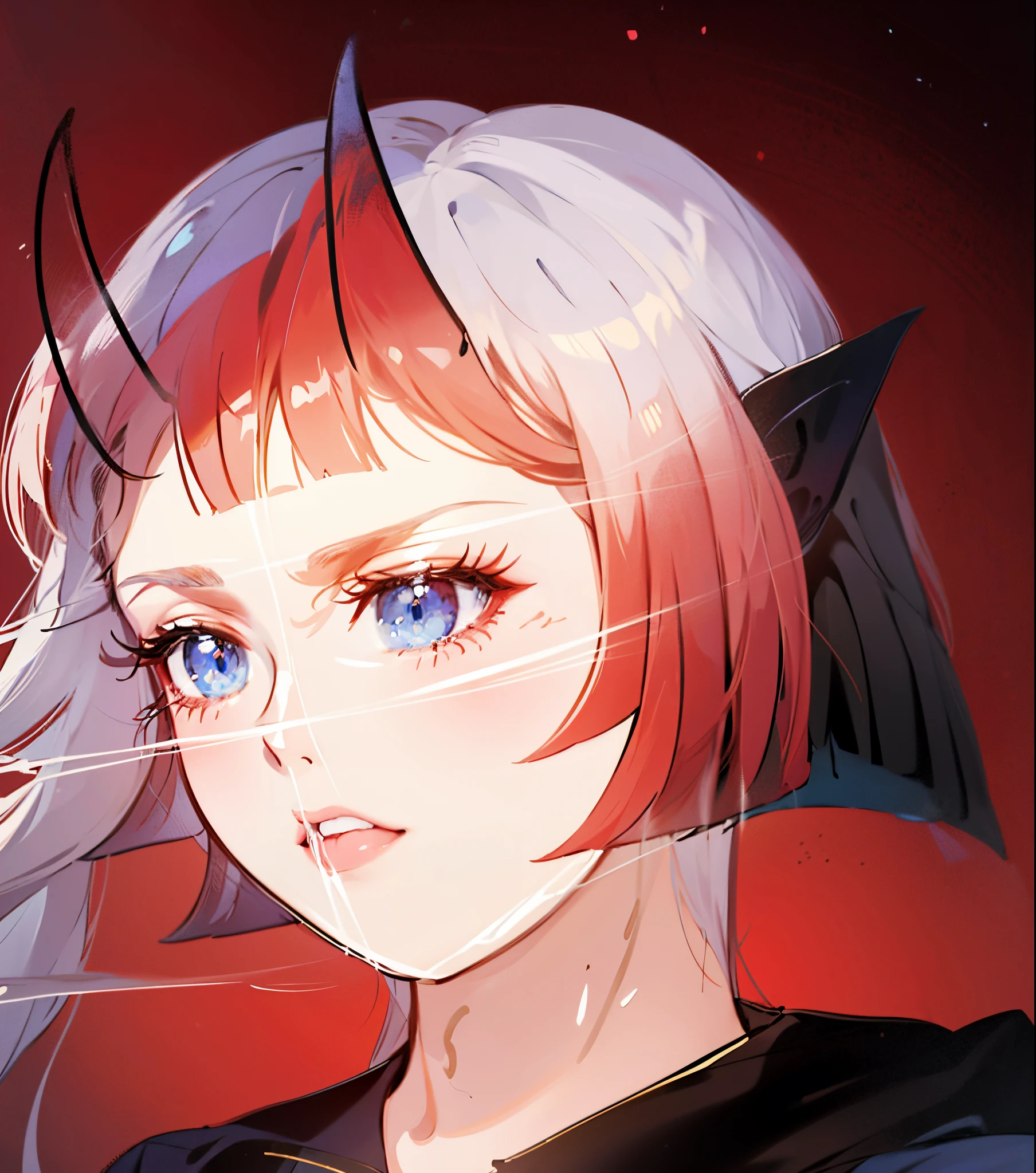 High quality, two skin-colored horns on head, white skin, blue eyes, pink lipstick, eyelashes, big head of hair, erotic atmosphere, red hair color, simple background,