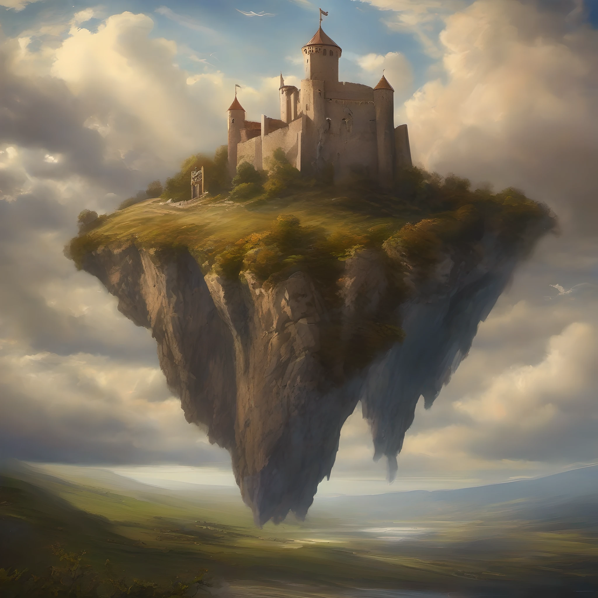 (((Big stone floating in the sky))), On the rock there is a collapsed medieval tower.