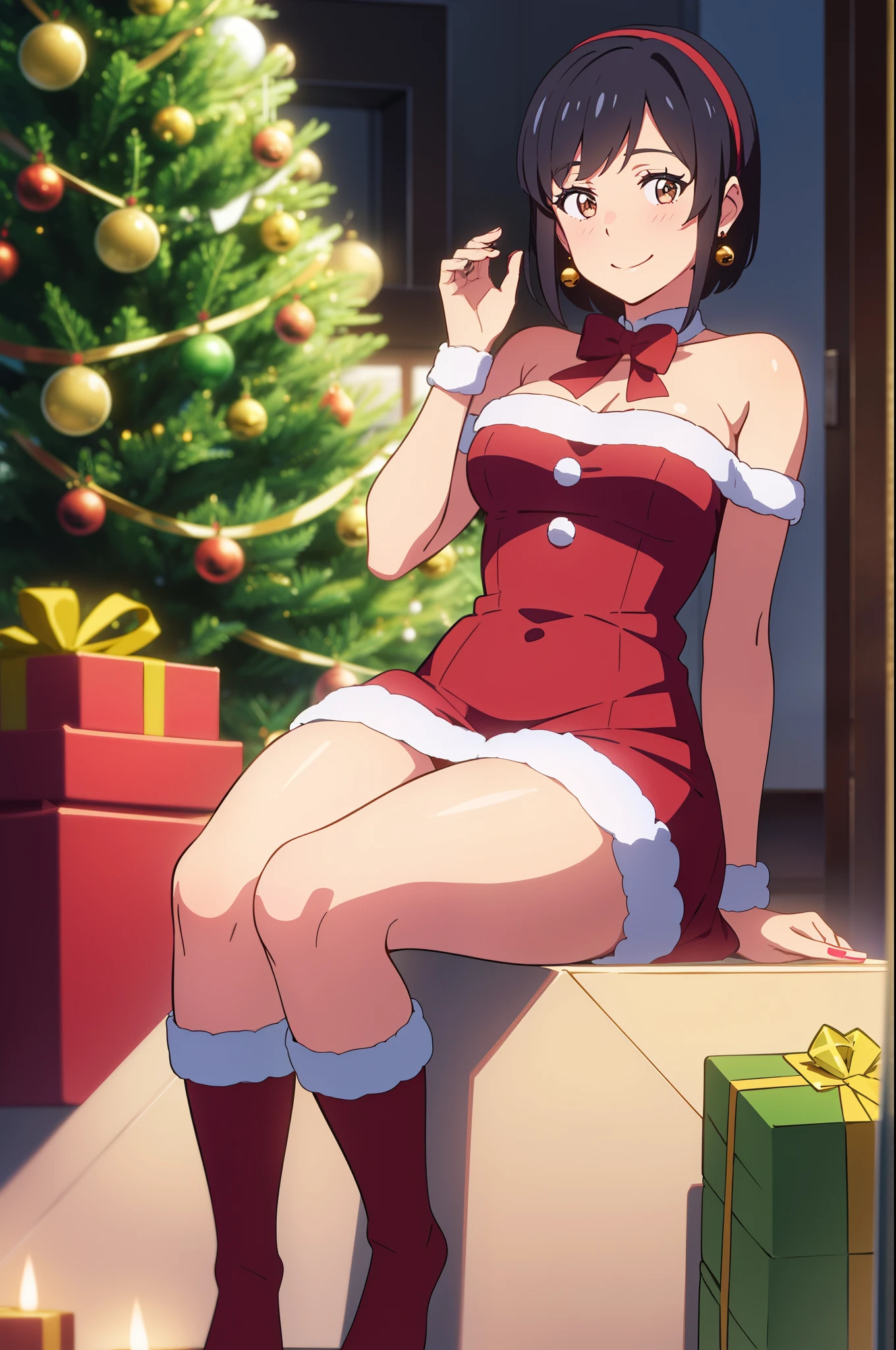 shinkai makoto, kimi no na wa., 1girl, bangs, black hair, blush, bright eyes, brown eyes, looking at the viewer, red bow, red headband, red ribbon, short hair, medium breasts, solo, indoors, shiny skin, smile, happy, beautiful, parfect anatomy, Christmas tree（1.2), christmas dress up, Sweet face, Red and Green Christmas Dresses, jingle bell earrings, candy cane stockings, Against the background of winter scenery, perfect hands