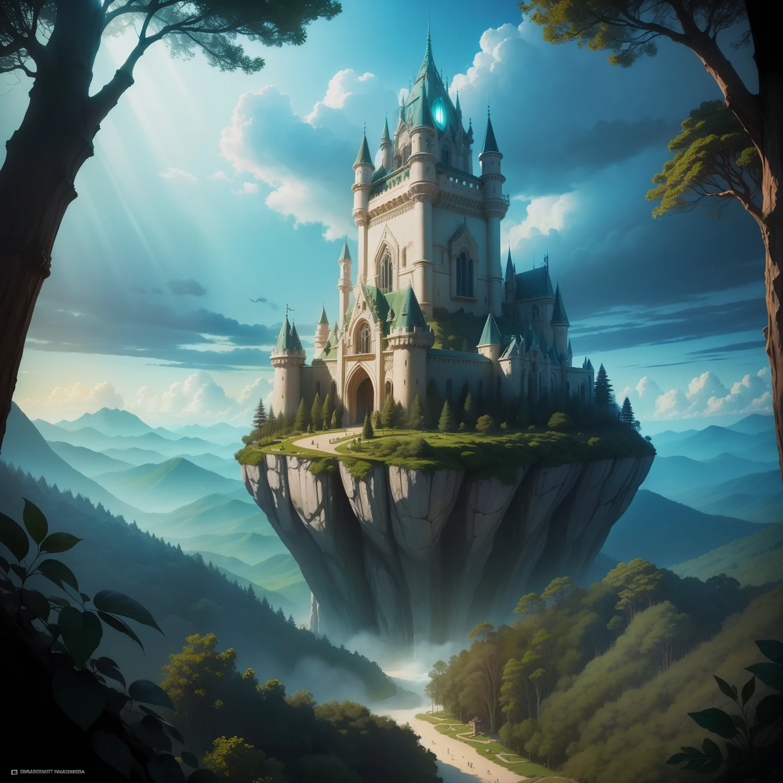 Paisagem , magical forest , Selva densa , luz colorida e bem detalhada , Fantastical Atmosphere, RPG , Mystical creatures , floresta sinuosa , reino das fadas , Generating magic palace, top of a large tree, colossal , , View from the sky, Aerial view , Deus dos elfos , menacingly , Magia , deslumbrante , castelo do rei , Great Magic Tower ,feito de pedra