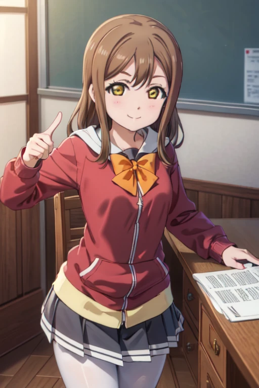 (((pixel perfect, Detail Perfect))),Solo, 1girl in, Hanamaru Kunikida, uranohoshi school uniform, bowtie, Looking at Viewer, Smile，white pantyhose king，Red hoodie，