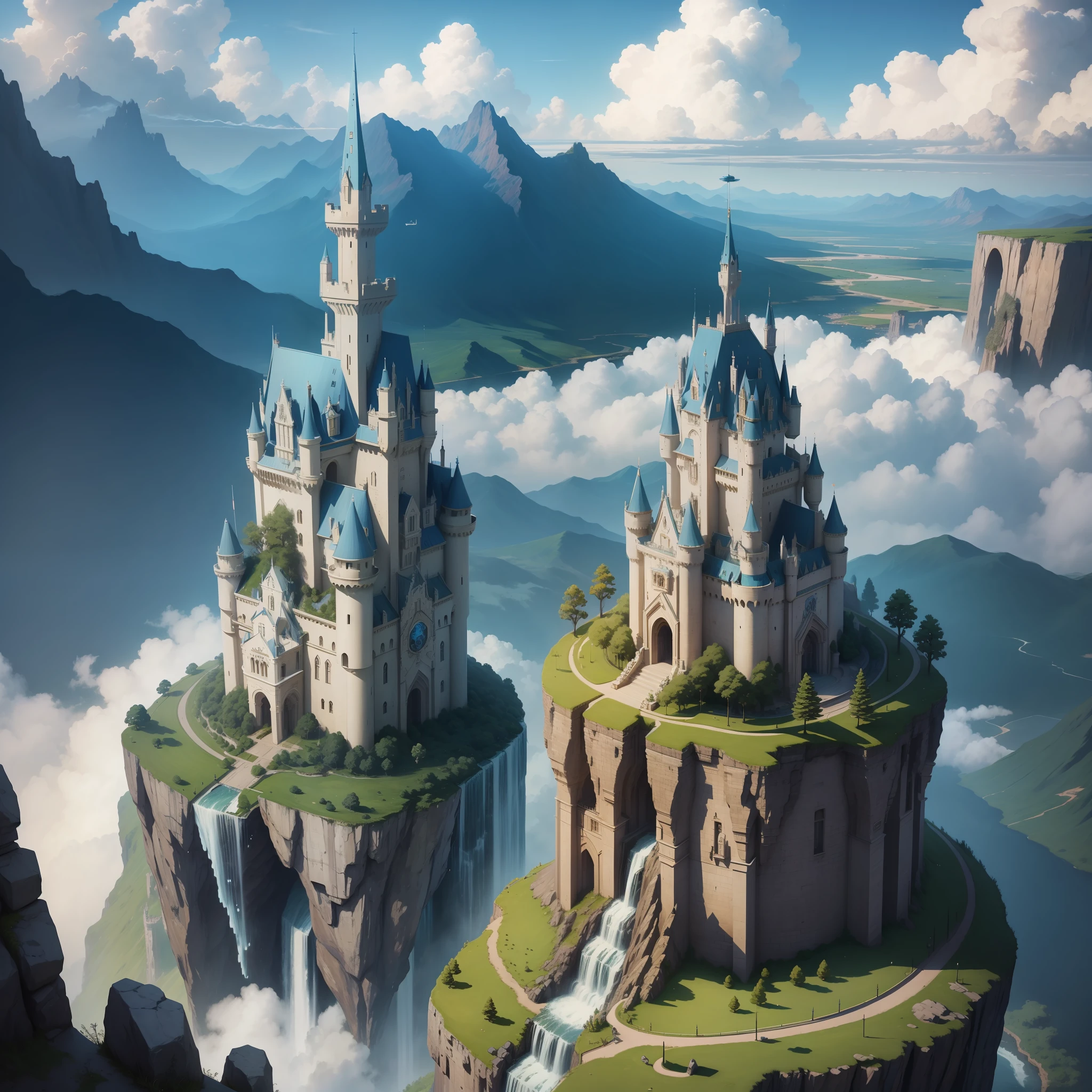 Super Enorme Castelo Sci-Fi Fantasia Mundo Futurista Obra-prima de alta qualidade Cachoeira Airborne Sky Isekai Enorme Hierarquia