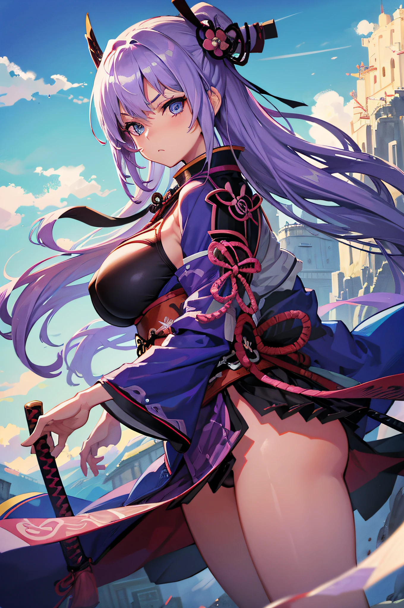 4K,hight resolution,One Woman,small white purple hair,Longhaire,Blue eyes,Colossal tits,samurais,Samurai armor,Japanese Katana Sword,Japan castle town,daytime sky