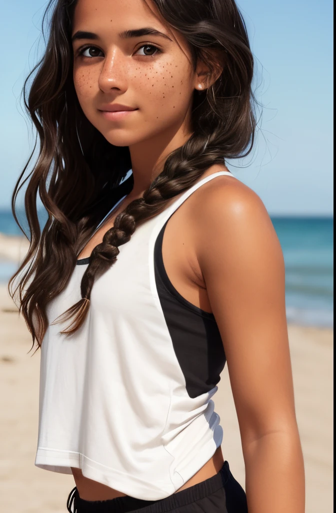 1girl. Tan skin, freckles on nose, freckles on cheeks, dark brown hair, wavy hair, hair braid, loose T-shirt, black sweatpants, twenty years old