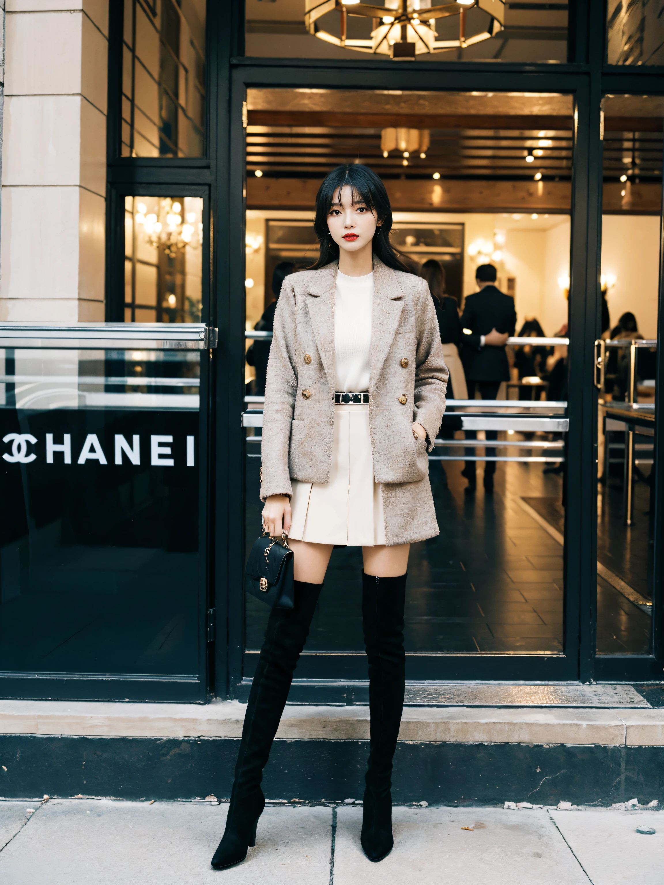 Best quality,tmasterpiece,超高分辨率,(actual:1.4),RAW photos,hyper HD，8K，There  one girl，Stylish clothes,Chanel style，Stylish skinny suit, wearing jacket and skirt,high-class fashion，ellegance, short skirt and a long jacket, tigh-high boots，Over-the-knee boots，Casual pose