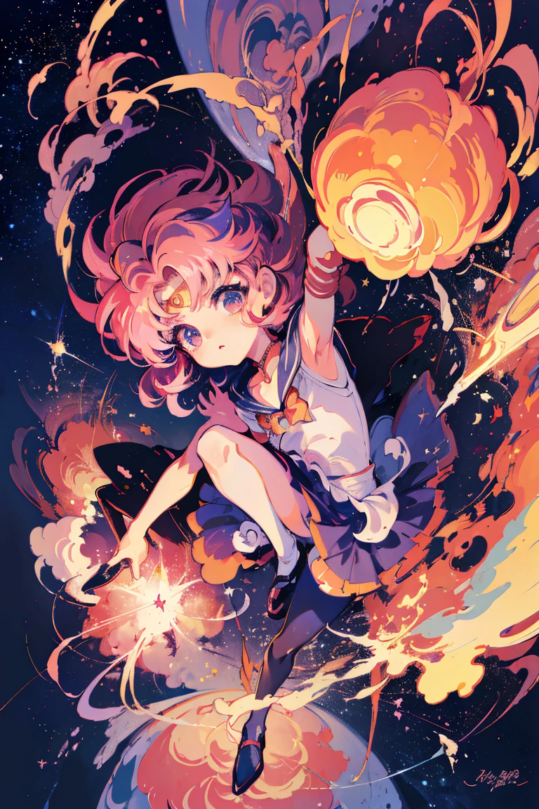 (masterpiece、top-quality、Official art:1.2)、Look at viewers、())、(Chibi Usa)(Pink hair)(Sailor Moon Costume,star island、Star fragments are scattered、(Meteor swarm),floating colorful starry sky、(2D:1.5)