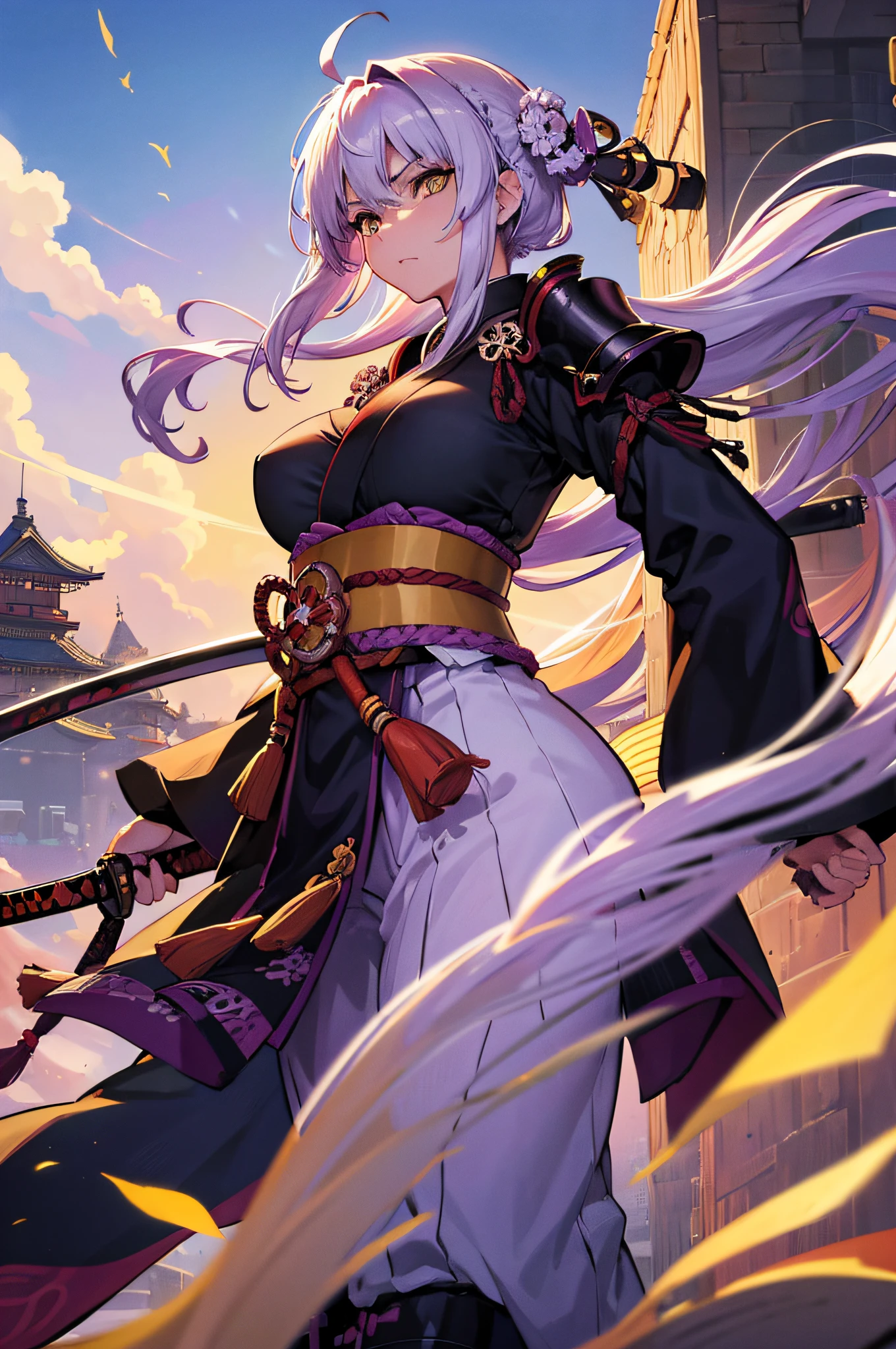 4K,hight resolution,One Woman,small white purple hair,Longhaire,Yellow eyes,Colossal tits,samurais,Samurai armor,Japanese Katana Sword,Japan castle town,daytime sky