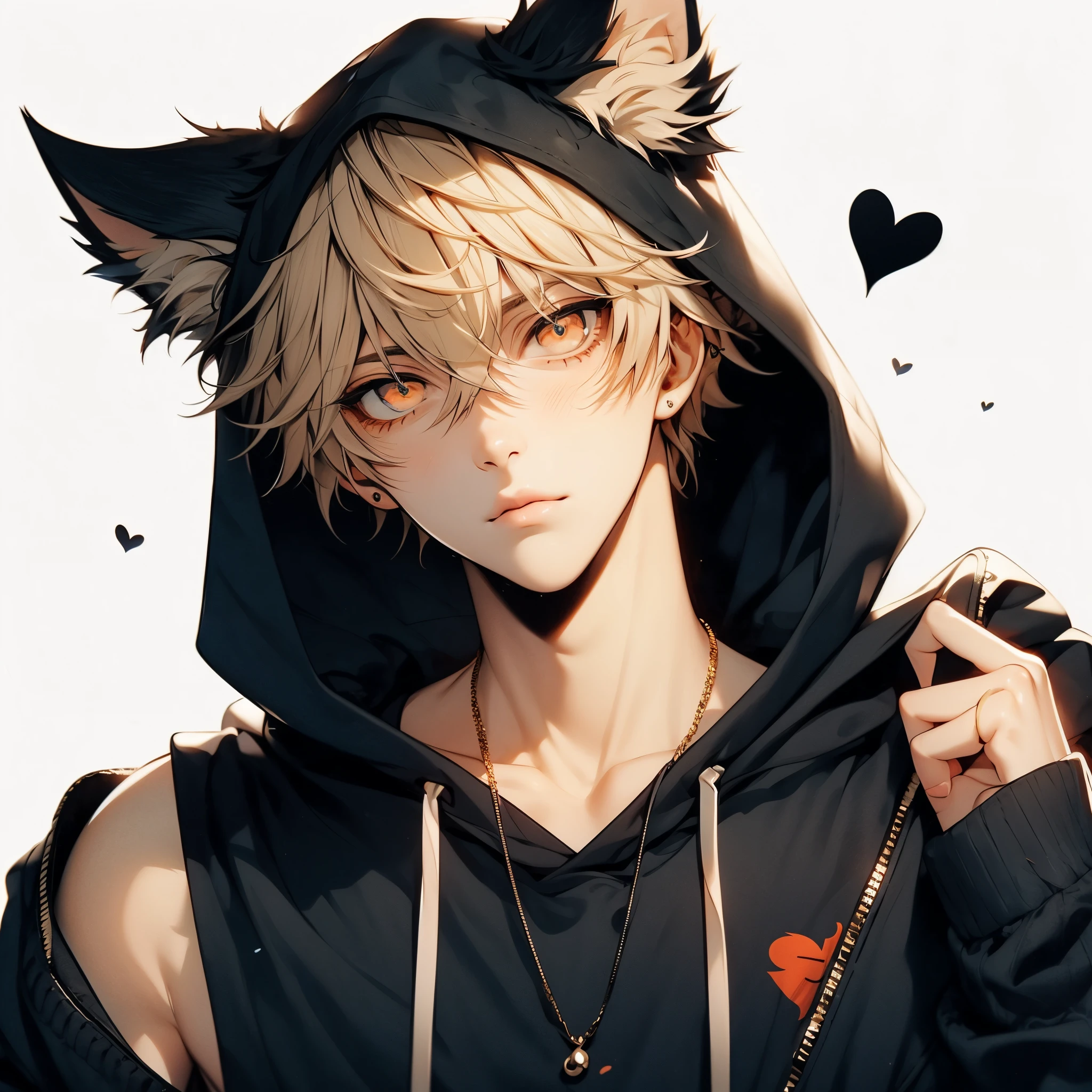 ((Slender eyes))), Narrow eyes, Sanpaku eyes, Sanpaku eyes, Beautiful young man, Gold Hair, Orange Eyes, Short hair, slit-eyes, black hooded hoodie with wolf ears, White background, Dog Pose, shoulders up, flying black heart,High quality, amount of drawing, pixiv illustration