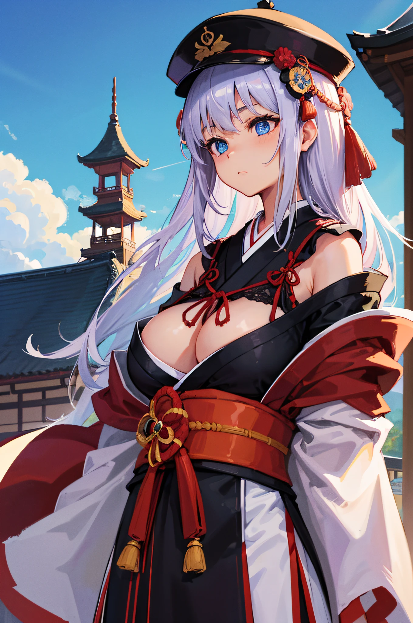 4K,hight resolution,One Woman,small white purple hair,Longhaire,Blue eyes,Colossal tits,samurais,Samurai armor,Japanese Katana Sword,Japan castle town,daytime sky