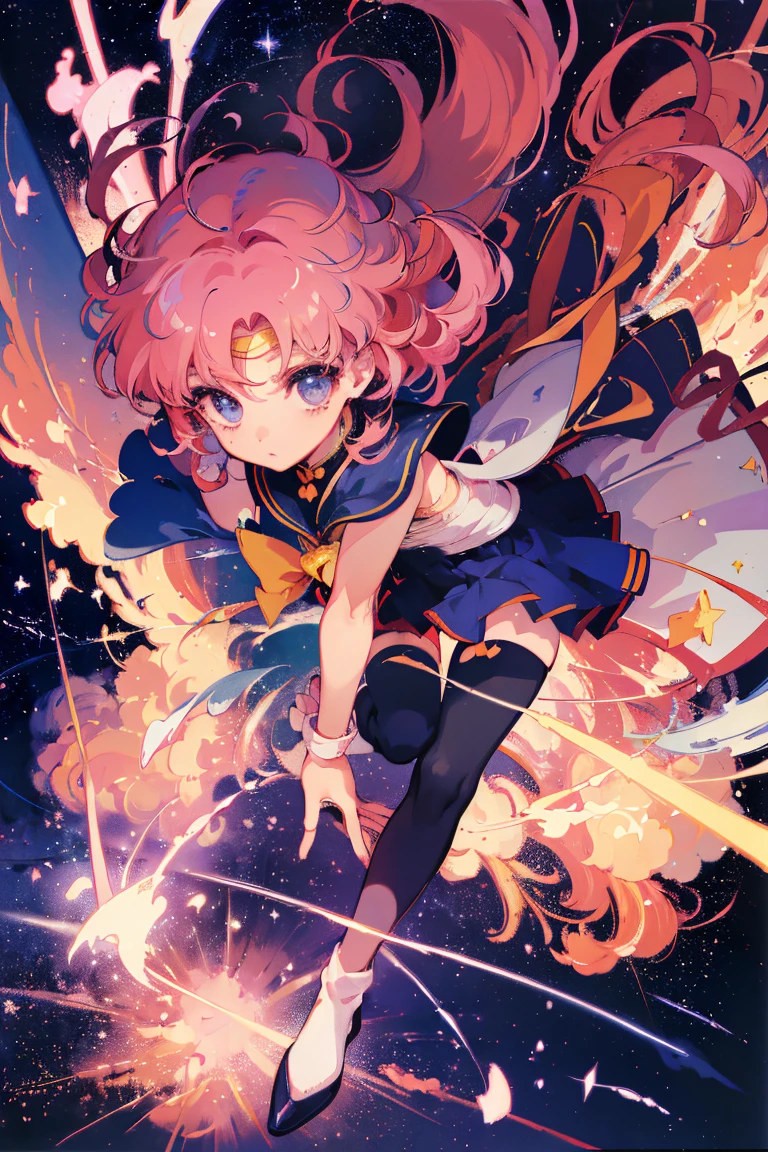 (​masterpiece、top-quality、Official art:1.2)、Look at viewers、(Little girl))、（Chibi Usa）（Pink hair）（Sailor Moon Costume，star island、Star fragments are scattered、（Meteor swarm），floating colorful starry sky、(2D:1.5)