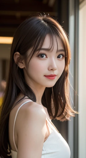 White see-through blouse,Face Interview, (Photo Real:1.4), (hyper realisitic:1.4), (realisitic:1.3), (Smooth lighting:1.05), (Improve video lighting quality:0.9), 1womanl, a 20 yo woman, Realistic lighting, Back lighting, Facial light, raytrace, (cheerfulness:1.2), (Improved image quality:1.4), (Finest real textured skinny eyes, a small face, Red cheeks, skinny body, medium-breasted pointed jaws,,,,,,, Korean Idol, Nogizaka Idol, glowy skin, hposing Gravure Idol, P, Blunt bangs, light brown hair, hair behind ear, hair over shoulder, Long hair,Tear bag,Summer plateau、White Dress、