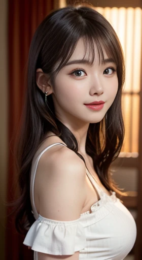 White see-through blouse,Face Interview, (Photo Real:1.4), (hyper realisitic:1.4), (realisitic:1.3), (Smooth lighting:1.05), (Improve video lighting quality:0.9), 1womanl, a 20 yo woman, Realistic lighting, Back lighting, Facial light, raytrace, (cheerfulness:1.2), (Improved image quality:1.4), (Finest real textured skinny eyes, a small face, Red cheeks, skinny body, medium-breasted pointed jaws,,,,,,, Korean Idol, Nogizaka Idol, glowy skin, hposing Gravure Idol, P, Blunt bangs, light brown hair, hair behind ear, hair over shoulder, Long hair,Tear bag,Summer plateau、White Dress、