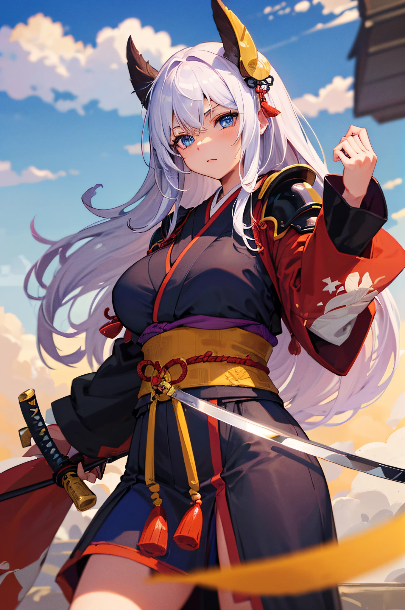 4K,hight resolution,One Woman,small white purple hair,Longhaire,Blue eyes,Colossal tits,samurais,Samurai armor,Japanese Katana Sword,Japan castle town,daytime sky