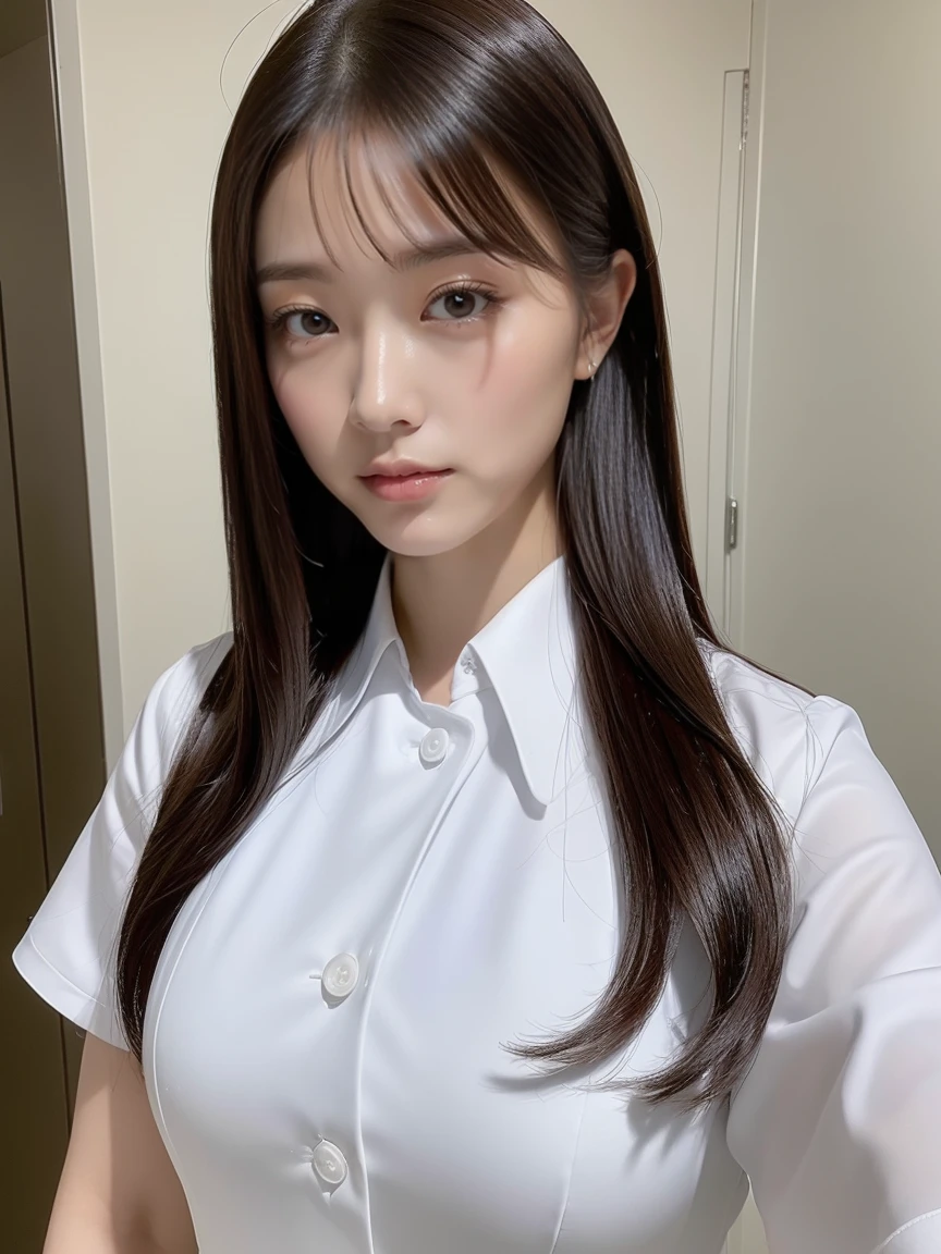 ( (8k:1.27)、top-quality、masterpiece、超A high resolution:1.2)、looking at the viewers、White nurse uniform、A dark-haired、Long straight hair、Colossal tits、In the hospital、Hospital Room