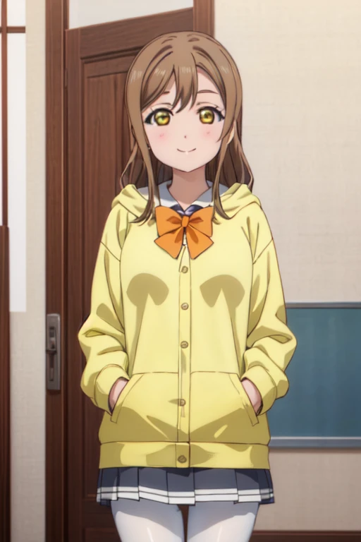 (((pixel perfect, Detail Perfect))),Solo, 1girl in, Hanamaru Kunikida, uranohoshi school uniform, bowtie, Looking at Viewer, Smile,king of white pantyhose,Red hoodie,I'm wearing a hood,hands in pockets。