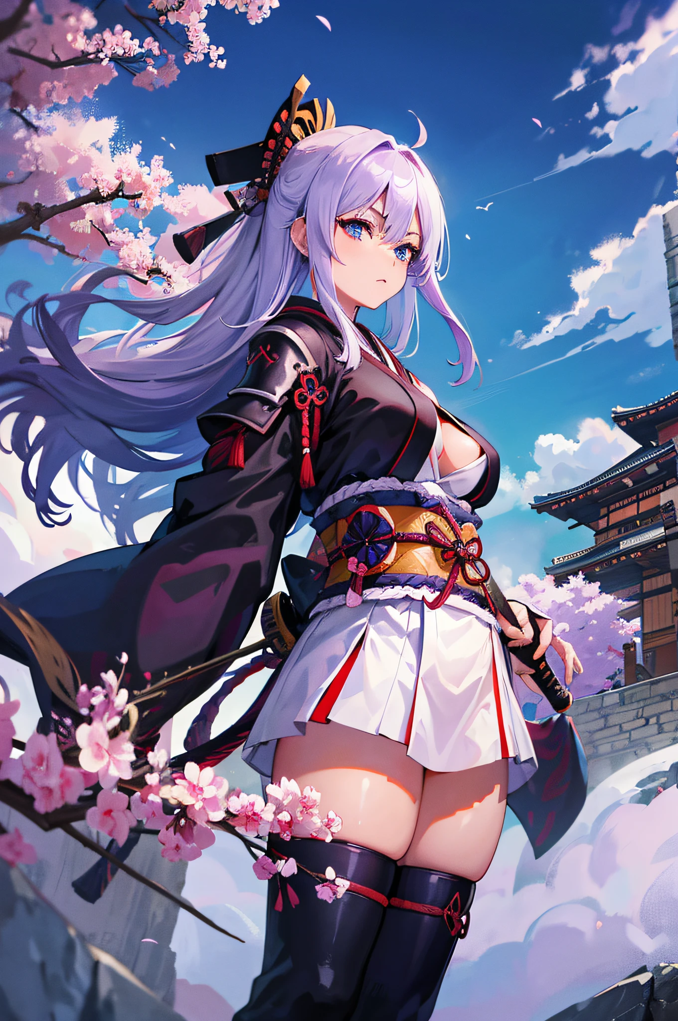 4K,hight resolution,One Woman,small white purple hair,Longhaire,Blue eyes,Colossal tits,samurais,Samurai armor,Japanese Katana Sword,Japan castle town,daytime sky