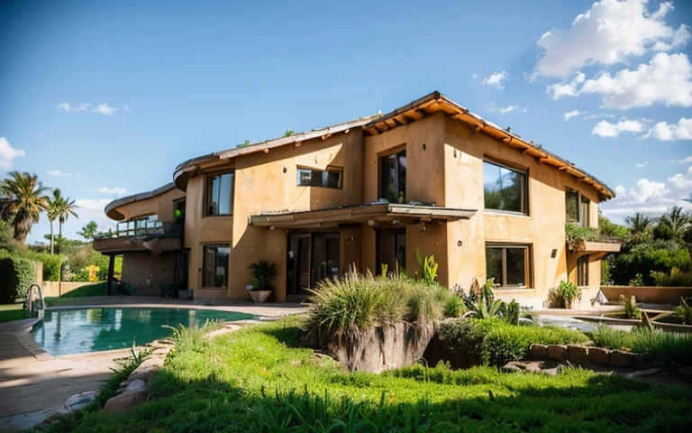 A photograph of a symmetrical contemporary house with (((one hyperbolic paraboloid green roof))) and (((biological pool))) and (((base wall rock foundation))) in a tropical backyard, high roof and long eaves, mustard yellow terracota plaster walls (((rustic clay stucco))), ((corner walls rounded)), ((rustic clay plaster)), (((terracotta walls with rounded corners, organic curves))), (((rustic earth plaster, mud))), (((hyperbolic-shaped green roof with wooden edge))), (((wooden roof structure, wooden rake, wooden fascia board))), eaves, ((roof with wooden structure)), In Bahia (((tropical garden))), ((natural houses, organic buildings, organic architecture)), ecovillage, sustainable architecture, bioconstruction architecture, solarpunk architecture, (((grass roof, green roof, green wave roof, rounded roof, vegetated roofs))), (((rock base foundation wall, foundation height 30cm, stone base wall 30cm high))), ((green architecture)), passive house, clear sky in the background, painful beauty, modern, imposing, green house, ((Bali hobbit Hadid Style)), super resolution, cinematic, color grading, editorial photography, photography, photo shoot, (((dramatic front eye top angle view))), O 50mm, depth of field, intricate details, natural colors, sharp focus, warm light, shutter speed 1/1000, F/22, White Balance, Ray Trace Reflections, Lumen Reflections, Screen Space Reflections, Diffraction Rating, Chromatic Aberration, GB Shift, Partial Lighting, Backlighting, Daylighting, Scan Lines, ambient occlusion, antialiasing, shaders, OpenGL-Shaders, GLSL-Shaders, Post-processing, post-production, shading, tone mapping, incredibly detailed and complex, hypermaximalist, elegant, hyperrealistic, super detailed, dynamic pose, Fujifilm XT