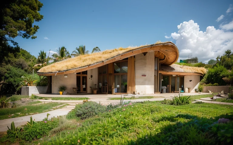 A photograph of a symmetrical contemporary house with (((one hyperbolic paraboloid green roof))) and (((biological pool))) and (((base wall rock foundation))) in a tropical backyard, high roof and long eaves, mustard yellow terracota plaster walls (((rustic clay stucco))), ((corner walls rounded)), ((rustic clay plaster)), (((terracotta walls with rounded corners, organic curves))), (((rustic earth plaster, mud))), (((hyperbolic-shaped green roof with wooden edge))), (((wooden roof structure, wooden rake, wooden fascia board))), eaves, ((roof with wooden structure)), In Bahia (((tropical garden))), ((natural houses, organic buildings, organic architecture)), ecovillage, sustainable architecture, bioconstruction architecture, solarpunk architecture, (((grass roof, green roof, green wave roof, rounded roof, vegetated roofs))), (((rock base foundation wall, foundation height 30cm, stone base wall 30cm high))), ((green architecture)), passive house, clear sky in the background, painful beauty, modern, imposing, green house, ((Bali hobbit Hadid Style)), super resolution, cinematic, color grading, editorial photography, photography, photo shoot, (((dramatic front eye top angle view))), O 50mm, depth of field, intricate details, natural colors, sharp focus, warm light, shutter speed 1/1000, F/22, White Balance, Ray Trace Reflections, Lumen Reflections, Screen Space Reflections, Diffraction Rating, Chromatic Aberration, GB Shift, Partial Lighting, Backlighting, Daylighting, Scan Lines, ambient occlusion, antialiasing, shaders, OpenGL-Shaders, GLSL-Shaders, Post-processing, post-production, shading, tone mapping, incredibly detailed and complex, hypermaximalist, elegant, hyperrealistic, super detailed, dynamic pose, Fujifilm XT
