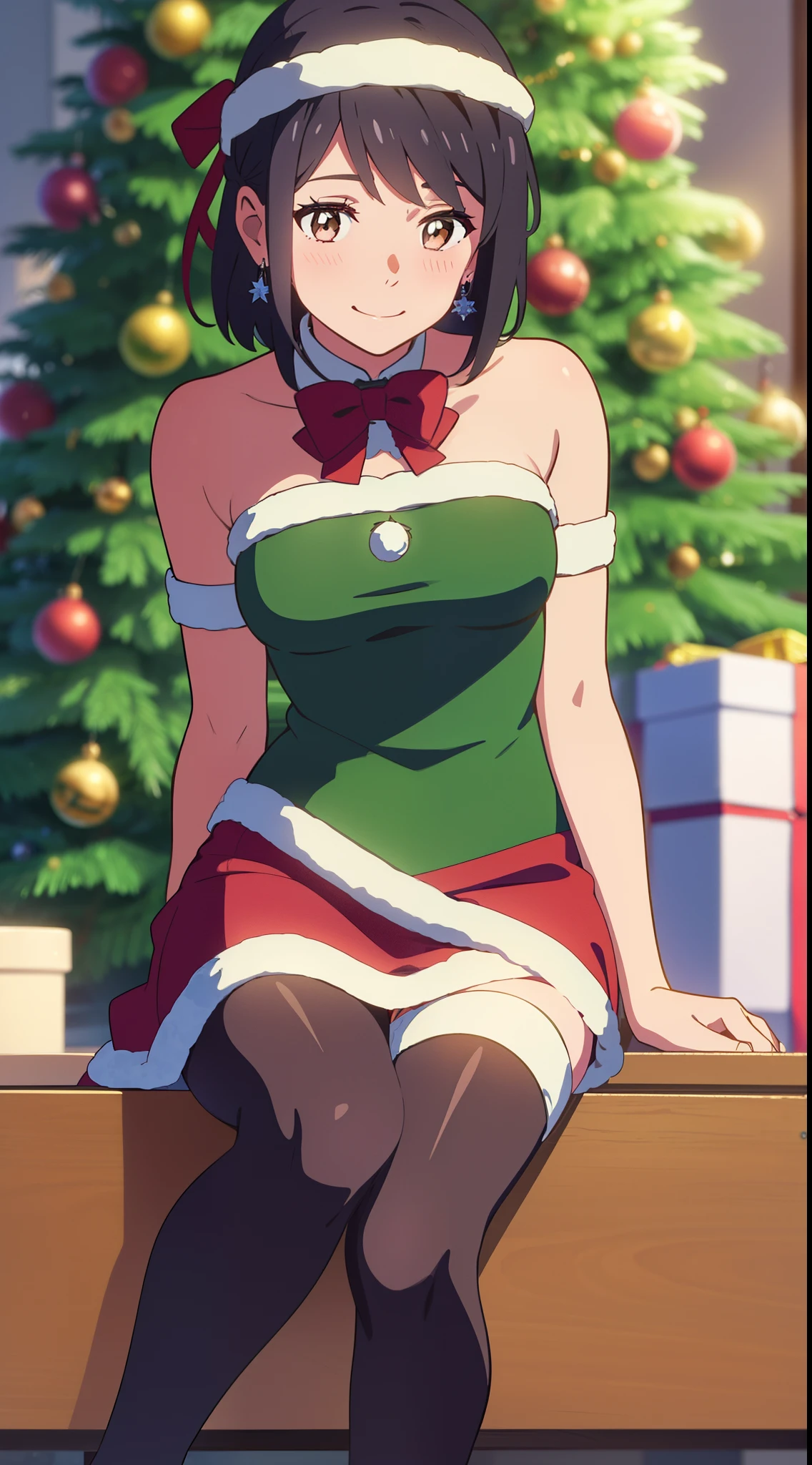 shinkai makoto, kimi no na wa., 1girl, bangs, black hair, blush, bright eyes, brown eyes, looking at the viewer, red bow, red headband, red ribbon, short hair, medium breasts, solo, indoors, shiny skin, smile, happy, beautiful, parfect anatomy, Christmas tree（1.2), christmas dress up, Sweet face, Red and Green Christmas Dresses, jingle bell earrings, candy cane stockings, Against the background of winter scenery, perfect hands