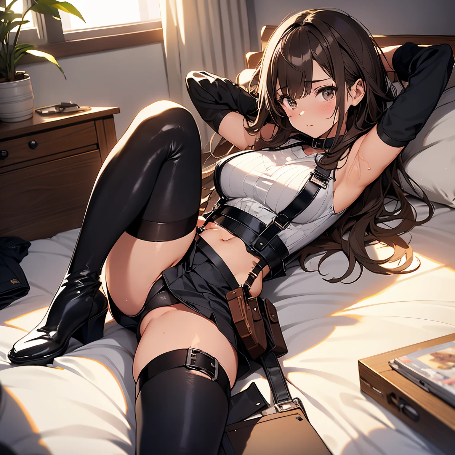 Brown hair、watching at viewers　　　black suspenders　　　Bulging big breasts　　 　 　　　walls: 　Black miniskirt　garters　　　　　　Gaze　　　Small face　bangss 　　　holster　　　Beautuful Women　　hands up　　Leg holster lying on the bed　　Gaze 　black boots panty shot　provocation　flank　Armpit sweat　soio