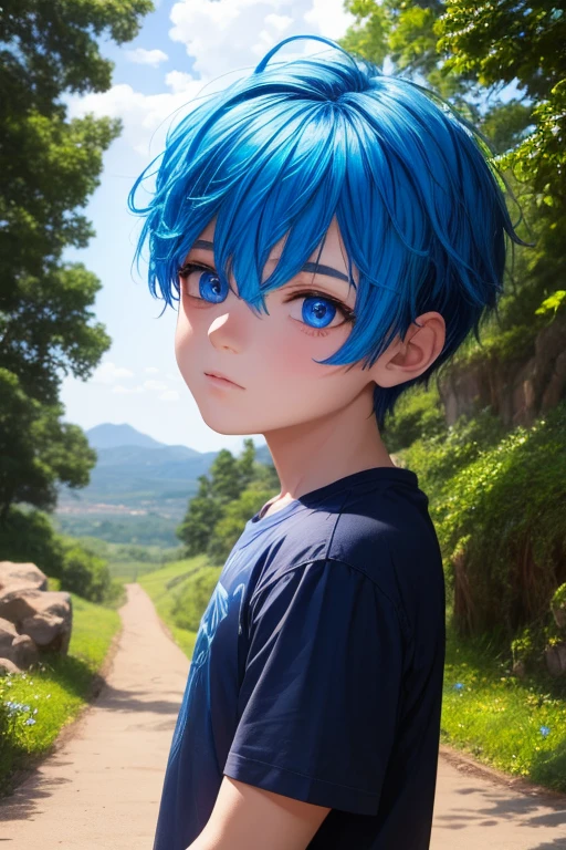 a boy blue hair, multicolored eyes, 8k, best quality,18 years old, beatiful scenery.