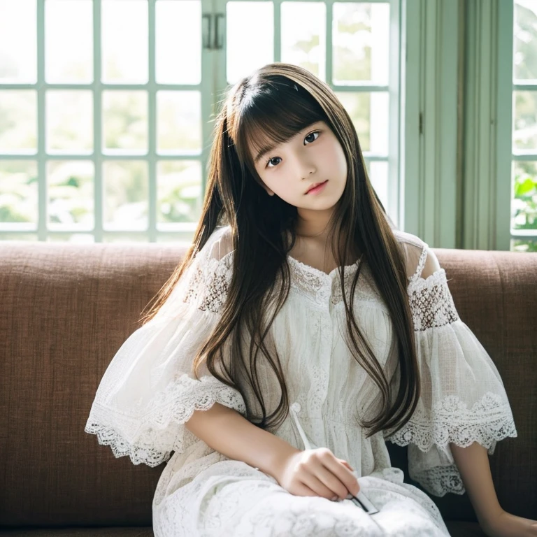An ultra-high picture quality、Perfect Photo、japanes、14-year-old beautiful girl from Japan、huge window、white clothes、sleepy look、Lace curtains、dim room、sit on sofa、2 girls in'Not similar..、One has long hair、1 person has short hair、
