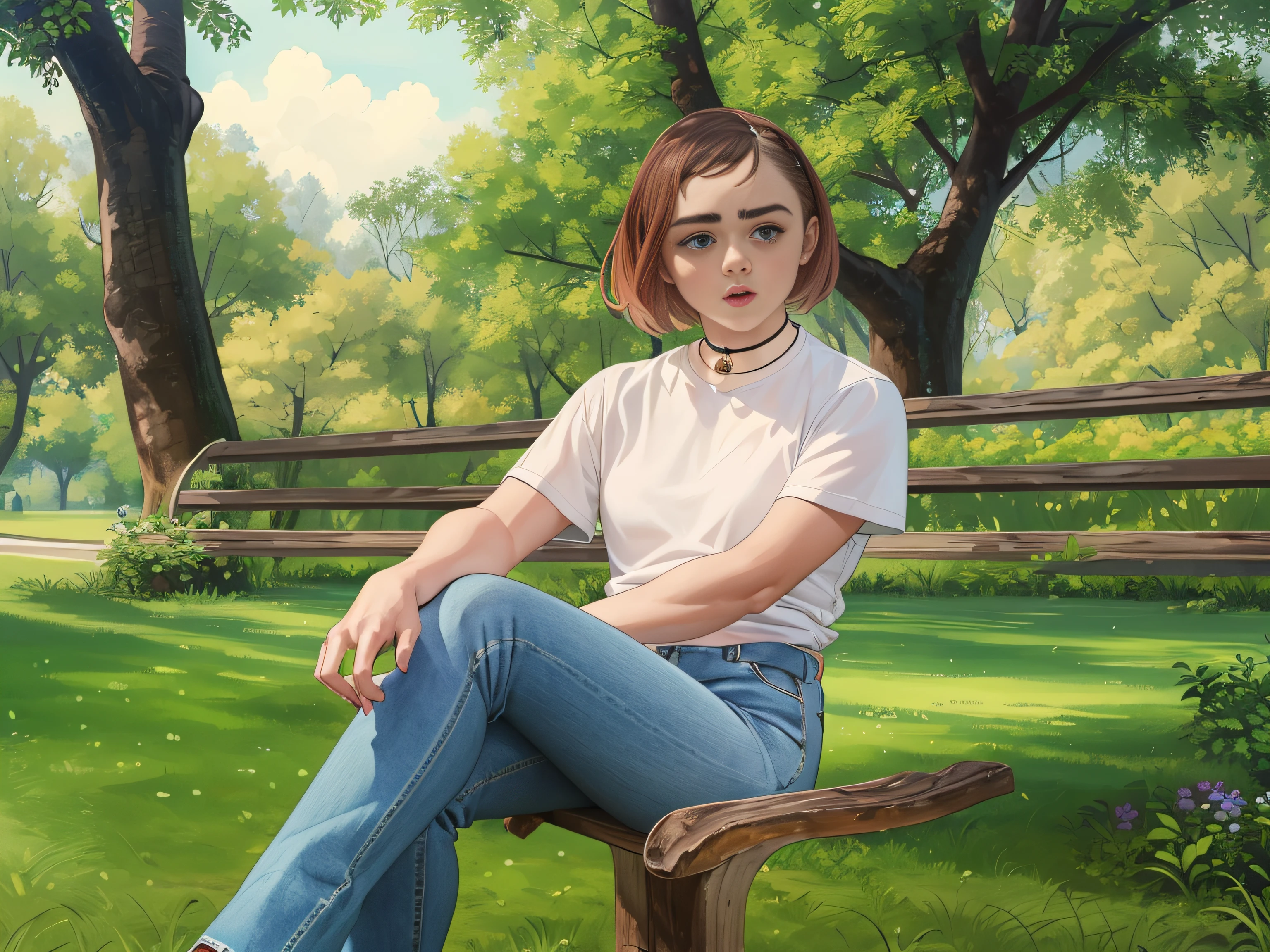 Maisie Williams, in a park, realistic, masterpiece quality, sunny day, sexy pose, wearing blue jeans, wearing white t-shirt, wearing choker collar,