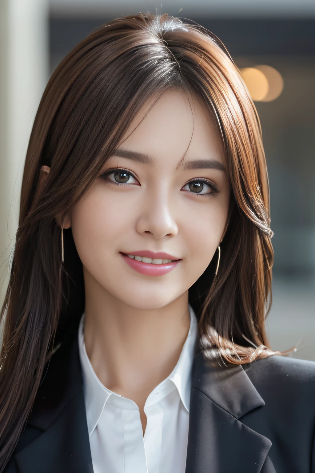 masutepiece, Best Quality, Photorealistic, Ultra-detailed, finely detail, High resolution, 8K Wallpaper, 1 beautiful woman,, light brown messy hair, in a business suit, foco nítido, Perfect dynamic composition, Beautiful detailed eyes, detailed hairs, Detailed realistic skin texture, Smiling, Close-up portrait, Model body type