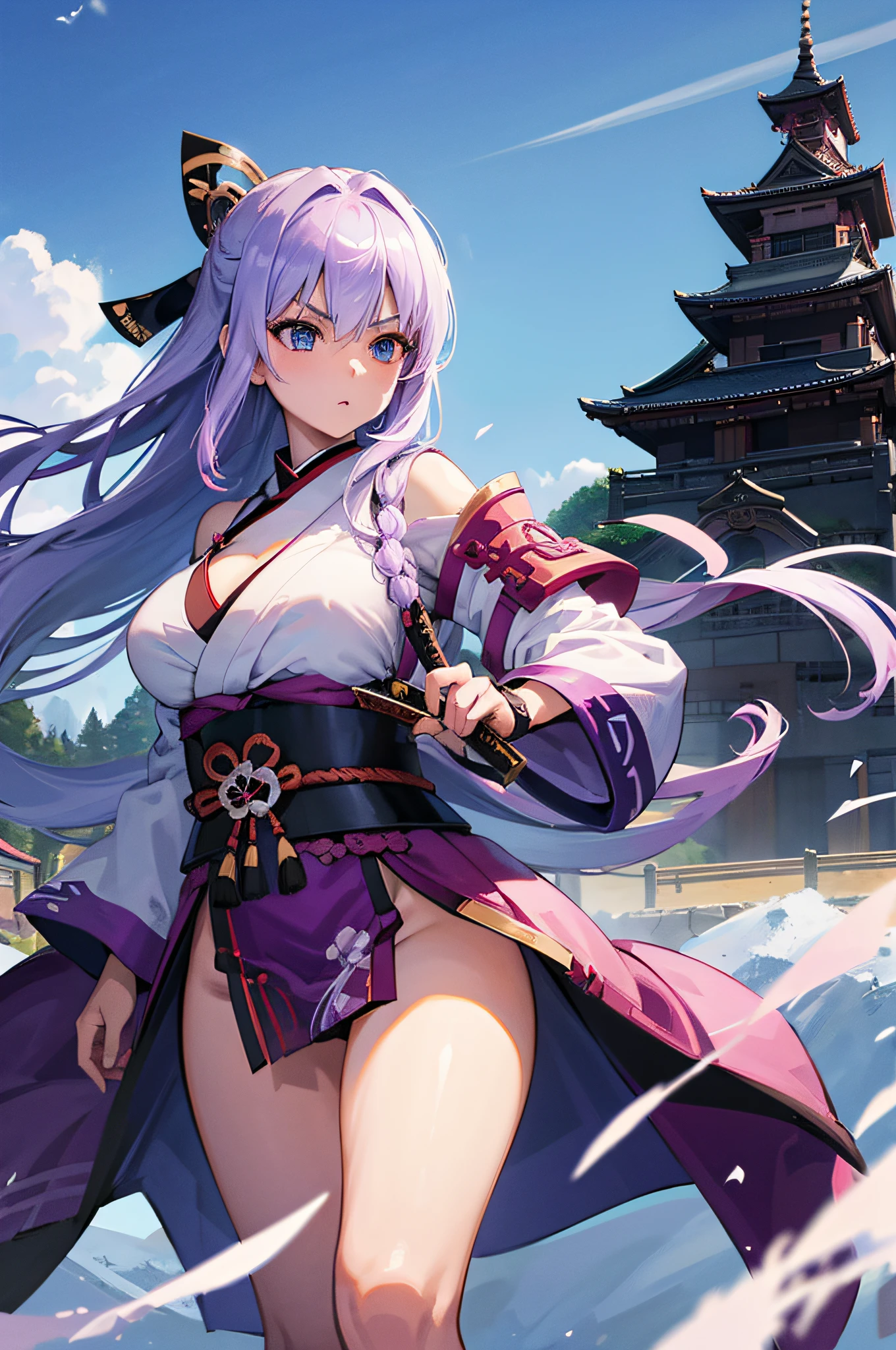 4K,hight resolution,One Woman,small white purple hair,Longhaire,Blue eyes,Colossal tits,samurais,Samurai armor,Japanese Katana Sword,Japan castle town,daytime sky