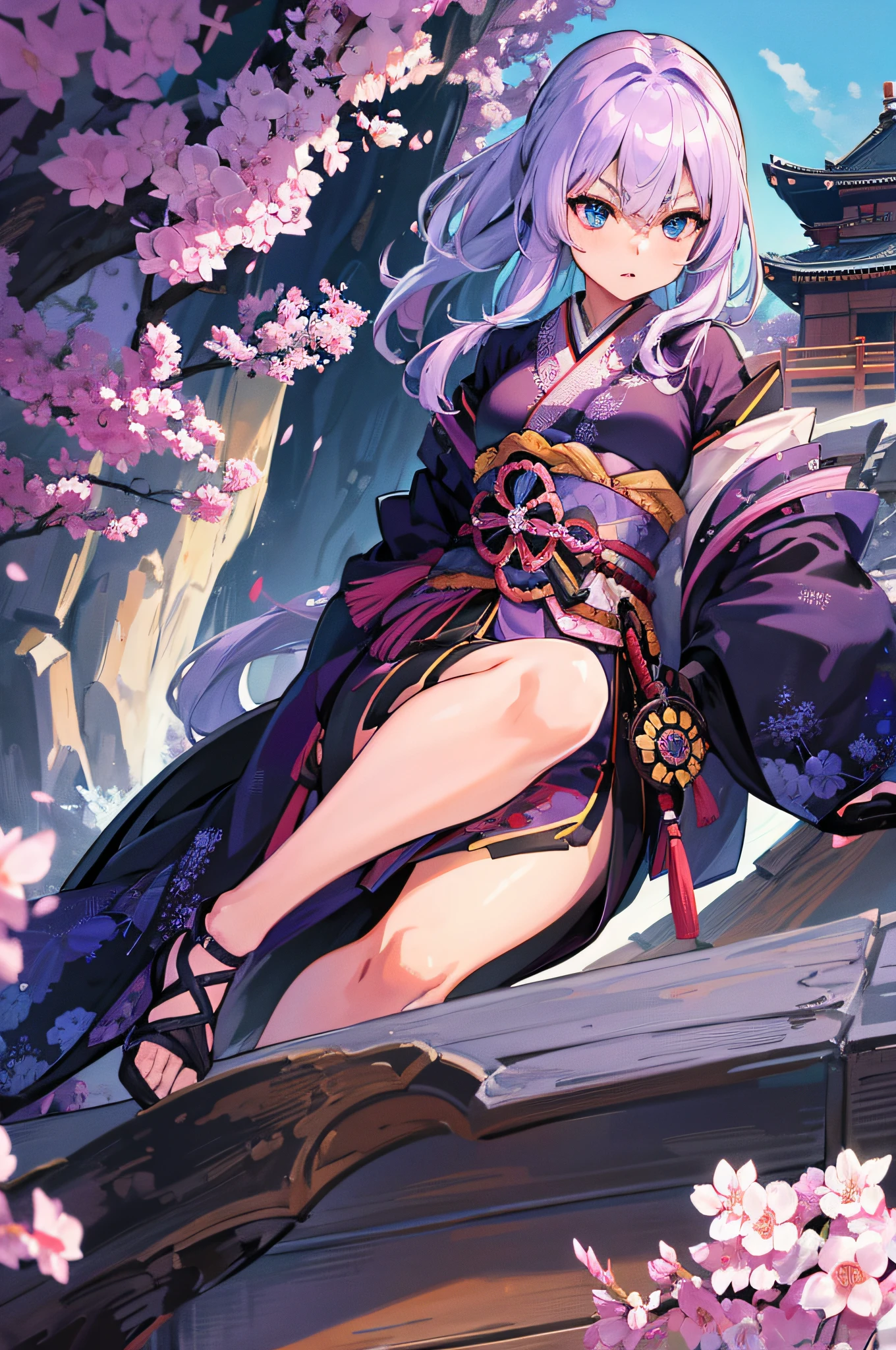 4K,hight resolution,One Woman,small white purple hair,Longhaire,Blue eyes,Colossal tits,samurais,Samurai armor,Japanese Katana Sword,Japan castle town,daytime sky