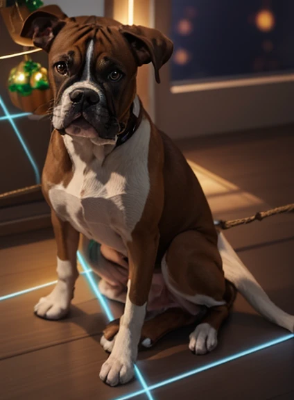 Draw a picture of a Boxer dog ( dog characteristics: o corpo todo marrom mais claro, o peitoral branco, white paws and white neck.) ao lado do papai Noel. With a Christmas tree in the background and lots of Christmas lights. With all the Christmas scenery. Desenho de um Boxer ao lado do papai Noel