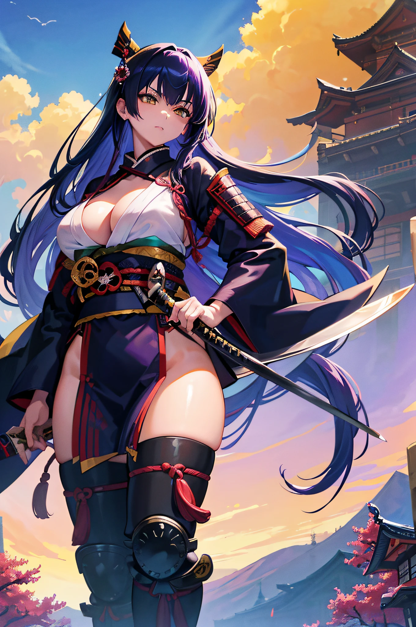 4K,hight resolution,One Woman,blue purple hair,Longhaire,Yellow eyes,Colossal tits,samurais,Samurai armor,Japanese Katana Sword,Japan castle town,daytime sky
