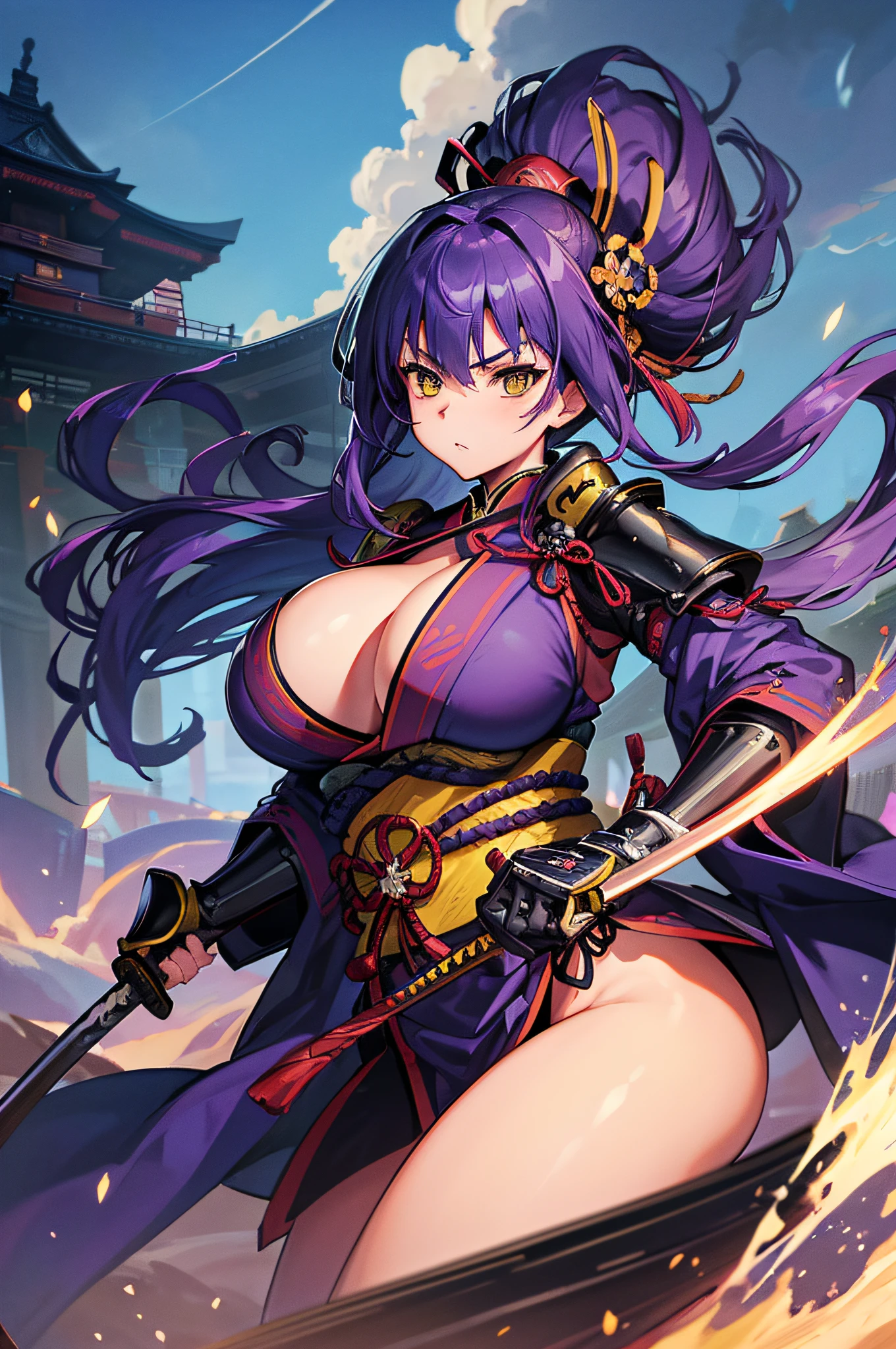 4K,hight resolution,One Woman,blue purple hair,Longhaire,Yellow eyes,Colossal tits,samurais,Samurai armor,Japanese Katana Sword,Japan castle town,daytime sky