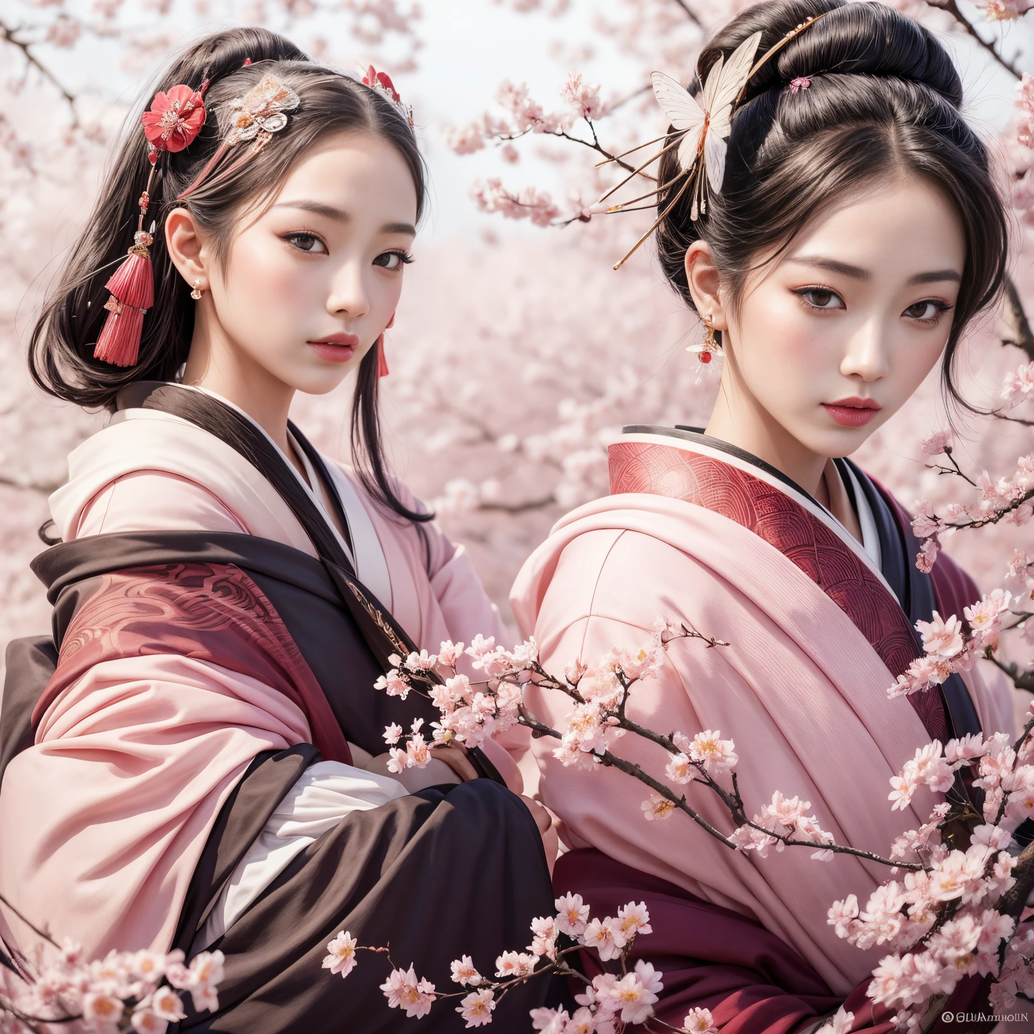 A beautiful and charming young geisha, with full lips, silky skin, beautiful eyes, black hair, with ladybugs in her hair, wearing earrings, wearing a pink kimono ((pink kimono)) with a stylized lapel, holding a wand, and controlling butterflies that fly by her side, in a field of cherry trees in the background, hyperrealistic art style, a photorealistic Japanese geisha, Geisha rulers of nature, inspired by fantasy realistic art, female geisha girl, Portrait of a beautiful geisha, Geisha portrait, in realistic digital style intricate details.