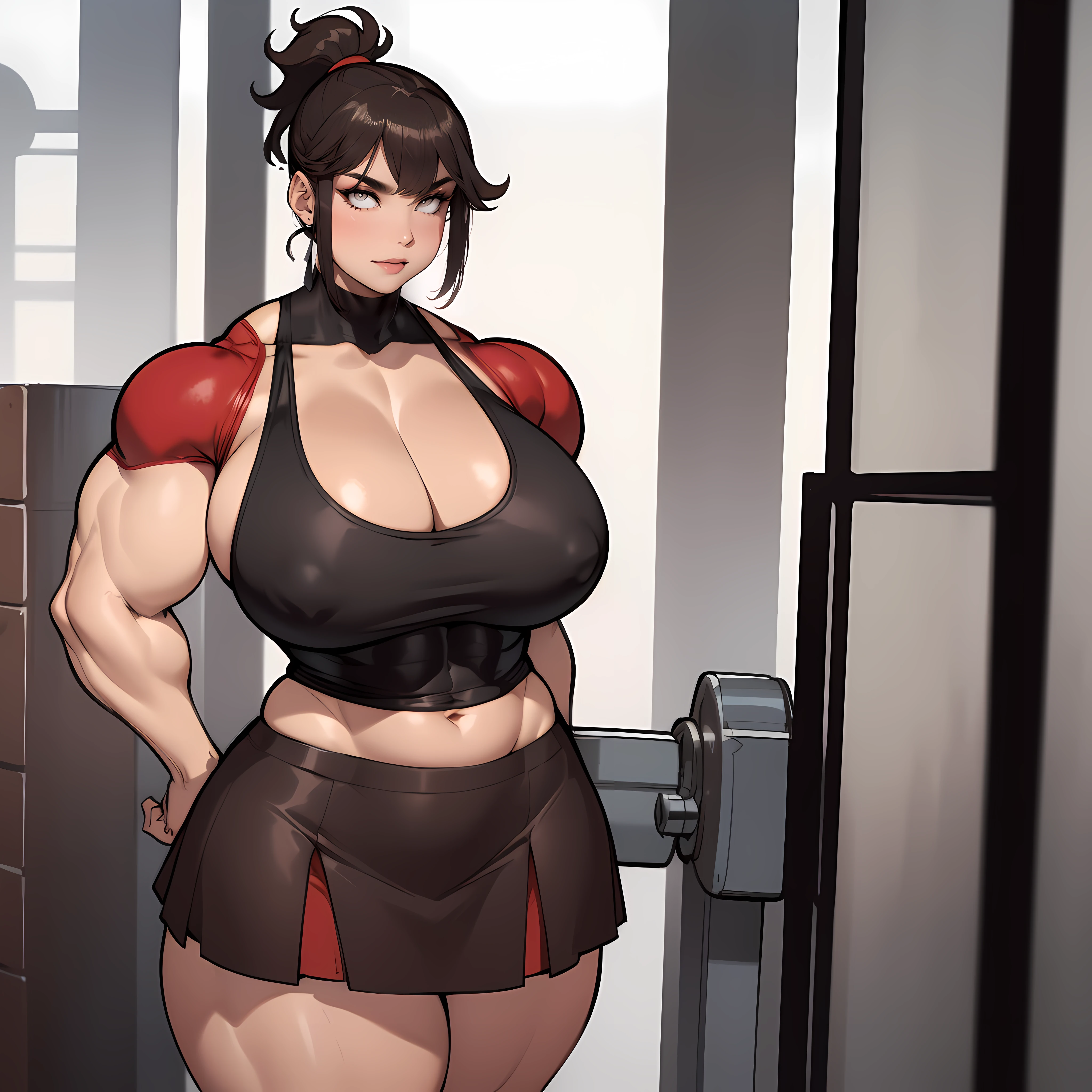 one female with short ponytail brown haircut, wearing short red skirt, wearing black cut off tube top, thicc, alone, solo, (ALONE)(SOLO), showing cleavage, facing forward, looking at me, looking forward, showing belly, ((((huge muscles))))