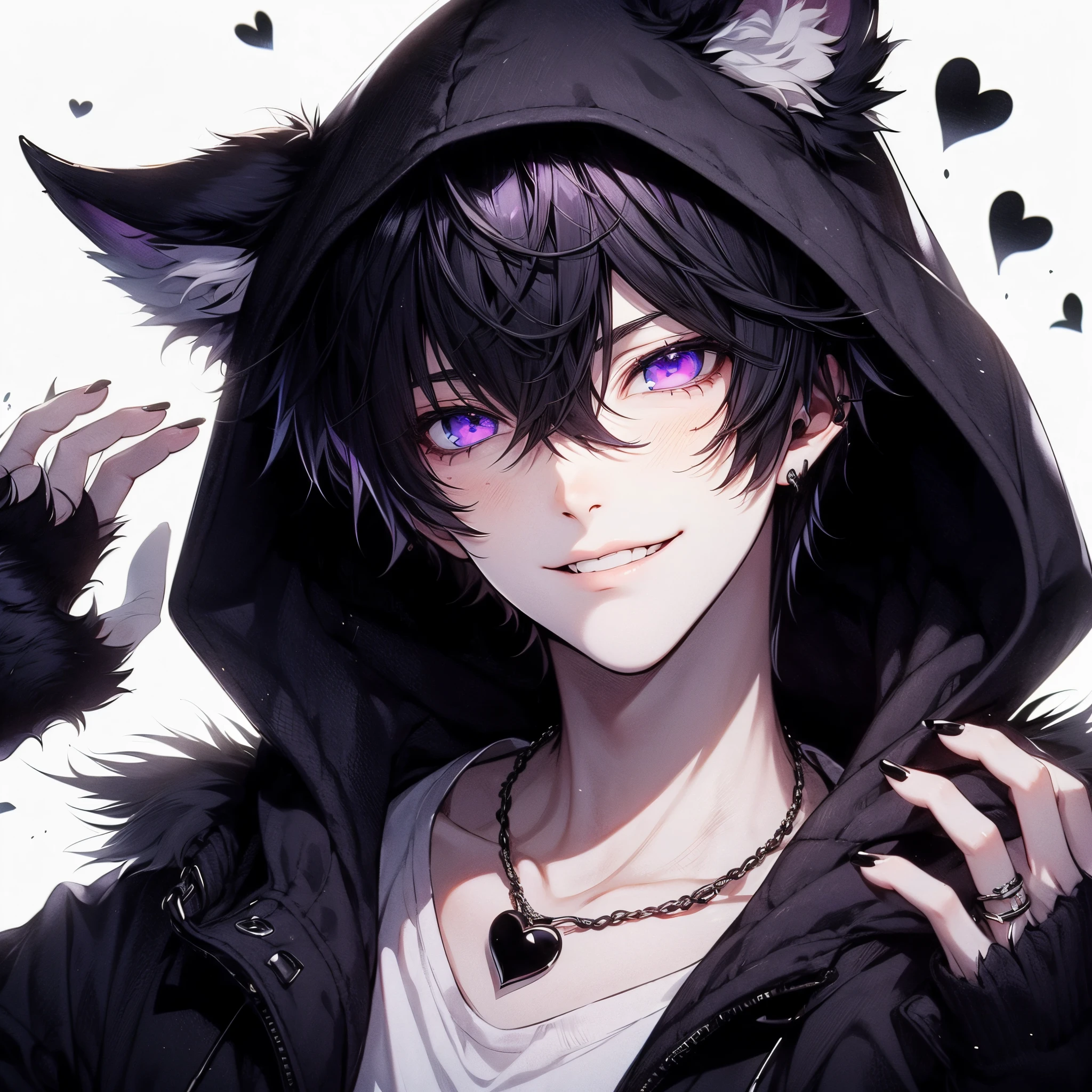 evil smile, Beautiful young man, Black hair, Purple eyes, Short hair, slit-eyes, black hooded hoodie with wolf ears, White background, Dog Pose, shoulders up, flying black heart,High quality, amount of drawing, pixiv illustration