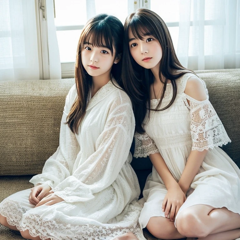 An ultra-high picture quality、Perfect Photo、japanes、14-year-old beautiful girl from Japan、huge window、white clothes、Lace curtains、dim room、sit on sofa、2 girls in'Not similar..、One has long hair、1 Shorthair、