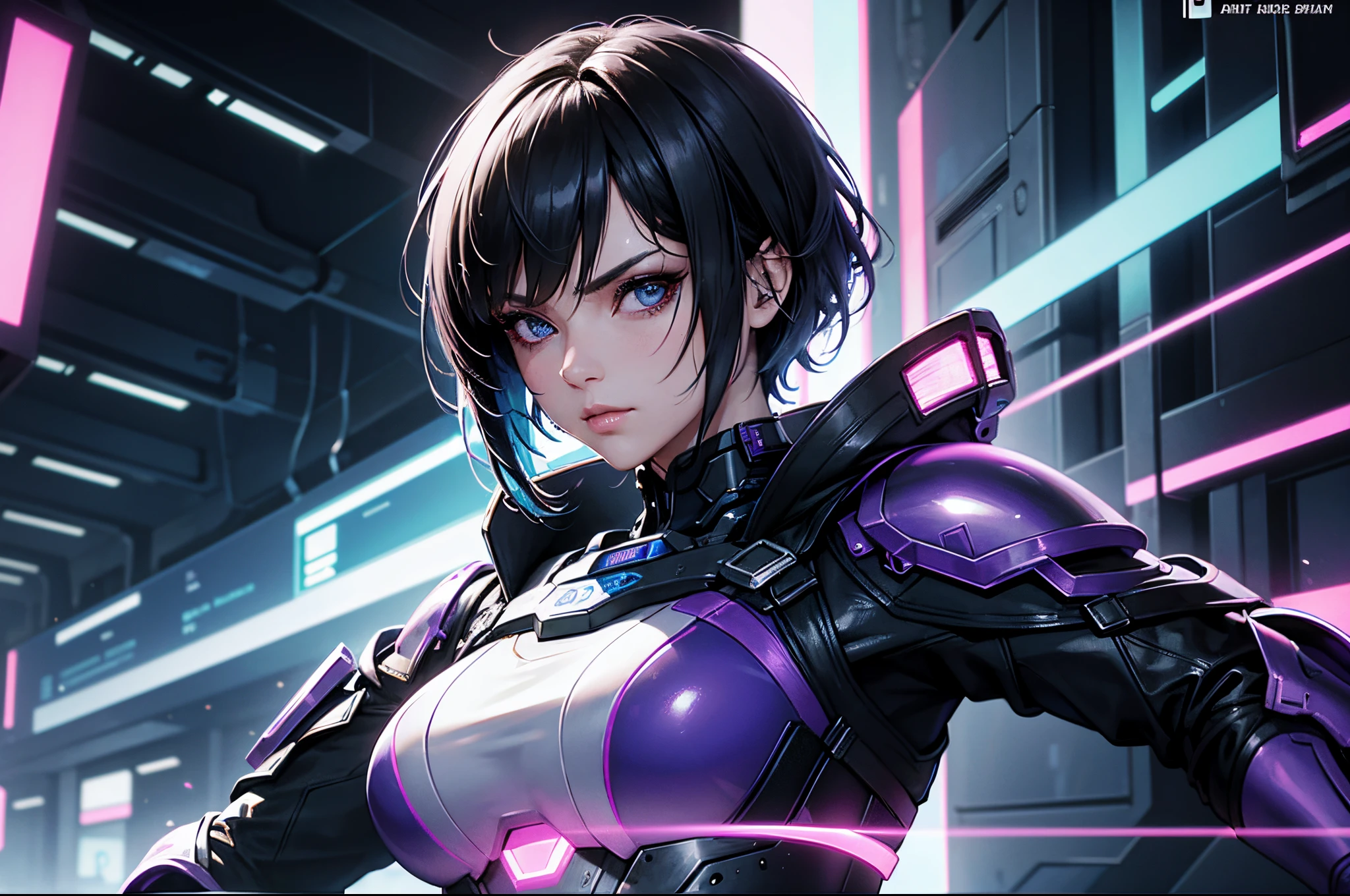 "Please create a UV Texture with the following characteristics: Representation of an entire glass, from the front, with a beautiful cyberpunk princess dressed in armor and short hair. The image must be hyper-realistic, with an extremely detailed face. The resolution texture should be 16k ."