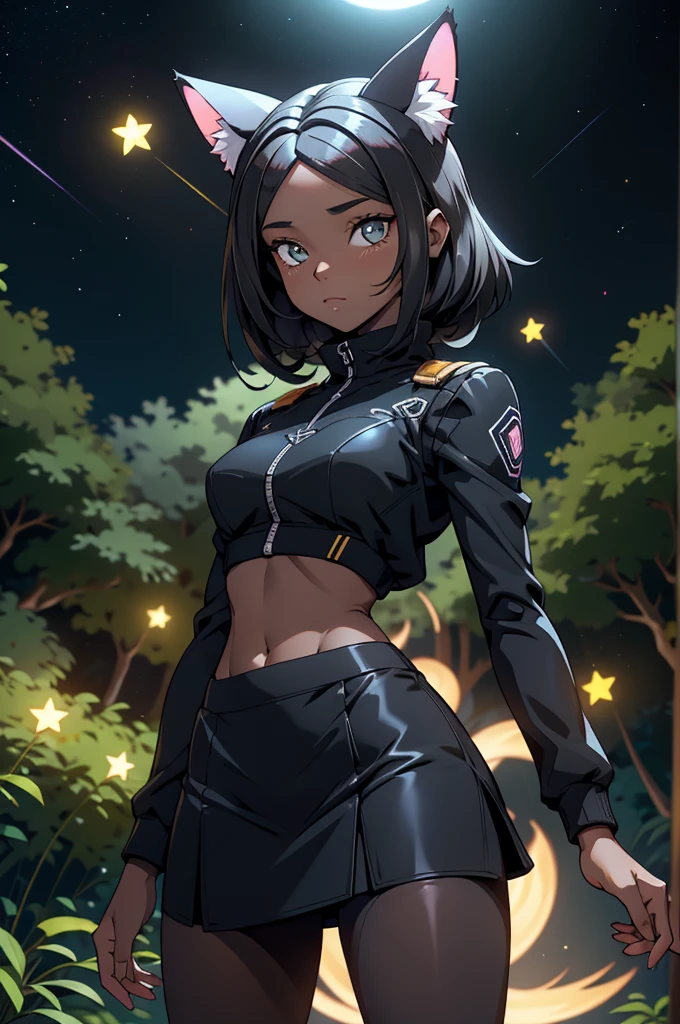 foto de corpo inteiro,cat ears on the head of a beautiful young woman wearing a short skirt, usando meias preta longas e sueterpreto apertado ,corpo inteiro na foto,floresta a noite varias luzes,belas coxas, coxas lindas belhos olhos escuros detalhados, sueter branco apertado,maio apertado , tight pantyhose, mini saia , ceu limpo a noite com estrelas numa floresta a noite,short curto linda jovem, olhos sedutores feminino.CABELO CURTO PRETO((CABELOS CURTO PRETO))