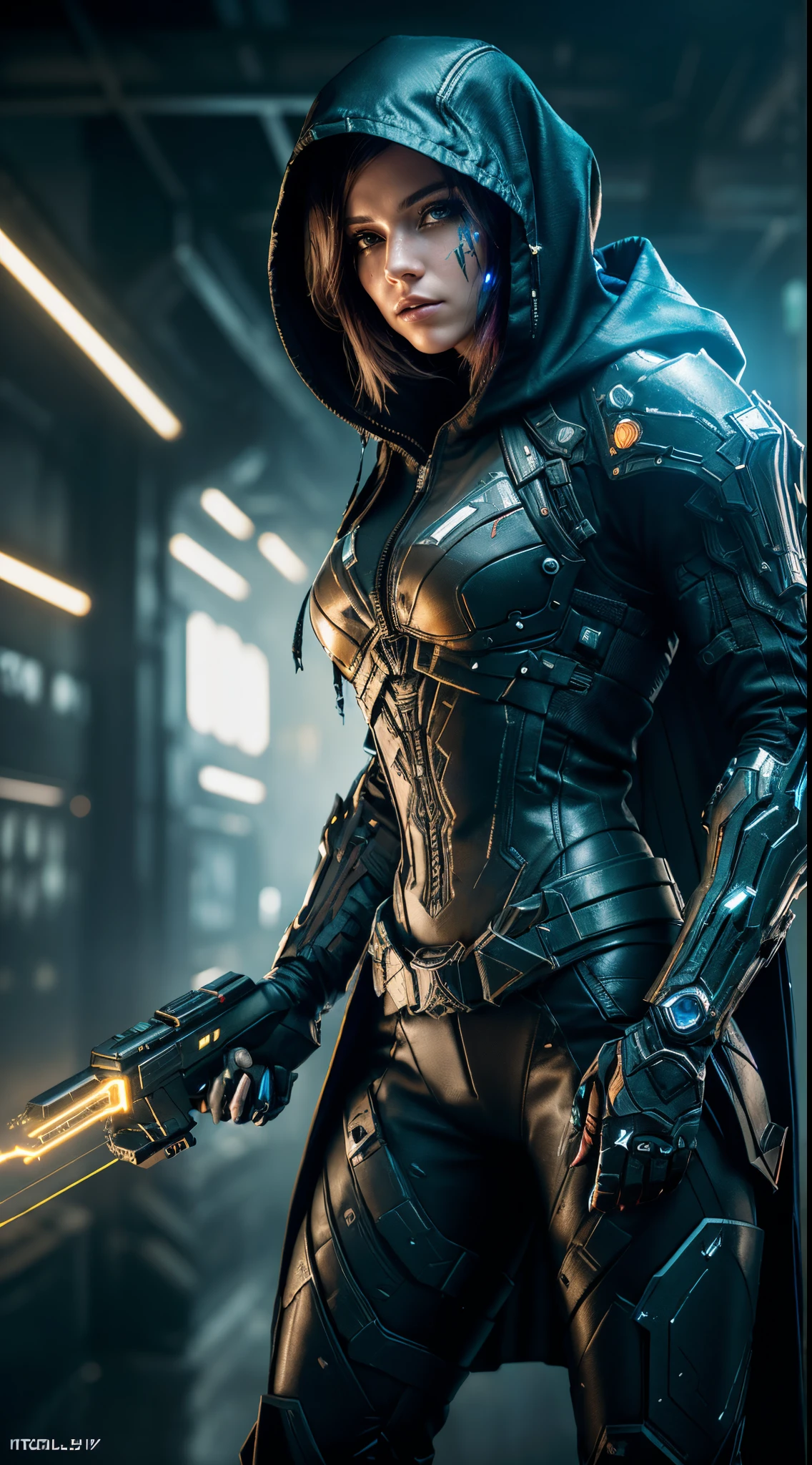 ,a close up of a person in a hooded jacket holding a weapon, cyborg dr doom in ornate armour, warframe art, warframe destiny art, warframe armor, unreal engine character art, warframe concept art, cyber universe style, detailed warframe, warframe destiny, warframe, movie still of a villain cyborg, warframe fanart (8k, foto RAW, fotorrealista: 1, 25), (muito brilho labial, very many eyelashes, melhor qualidade, ultra high-resolution, Profundidade de Campo, chromatic aberration, Luz Ampla, Cor Natural, distant images (1:2), macro-details, scratched armor, scuffed armor, dented armor, battles scars, head up display visor, hologram, holstered pistol, mono visor, wearing a long torn hooded cloak, torn cape, foggy background, deep shadows, horror mood, dark room, eerie presence, doomed, fear, scared, arises from darkness, person standing in a battle pose, electric tazer hands charging