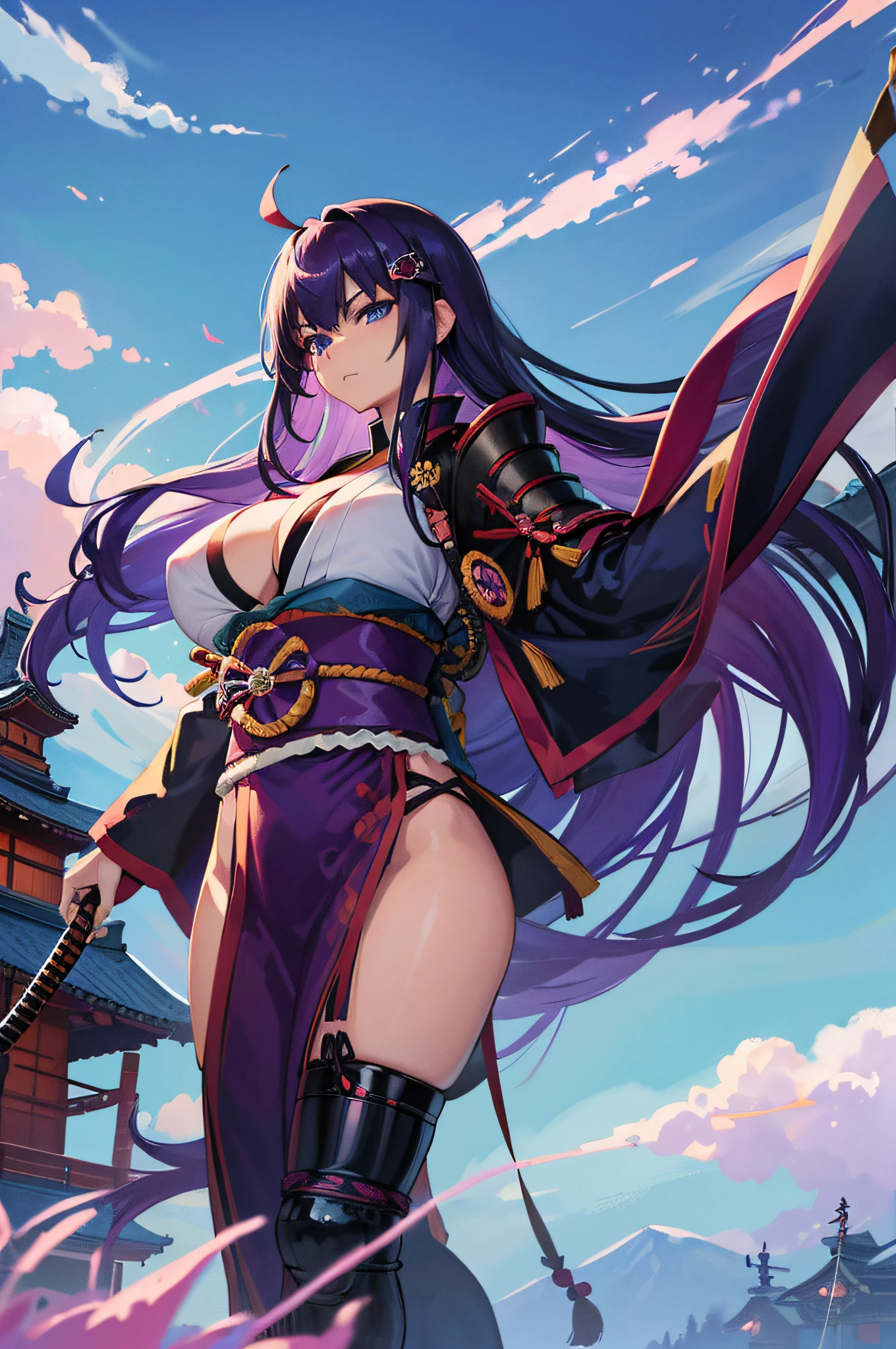 4K,hight resolution,One Woman,Bright purple hair,Longhaire,Blue eyes,Colossal tits,samurais,Samurai armor,Japanese Katana Sword,Japan castle town,daytime sky