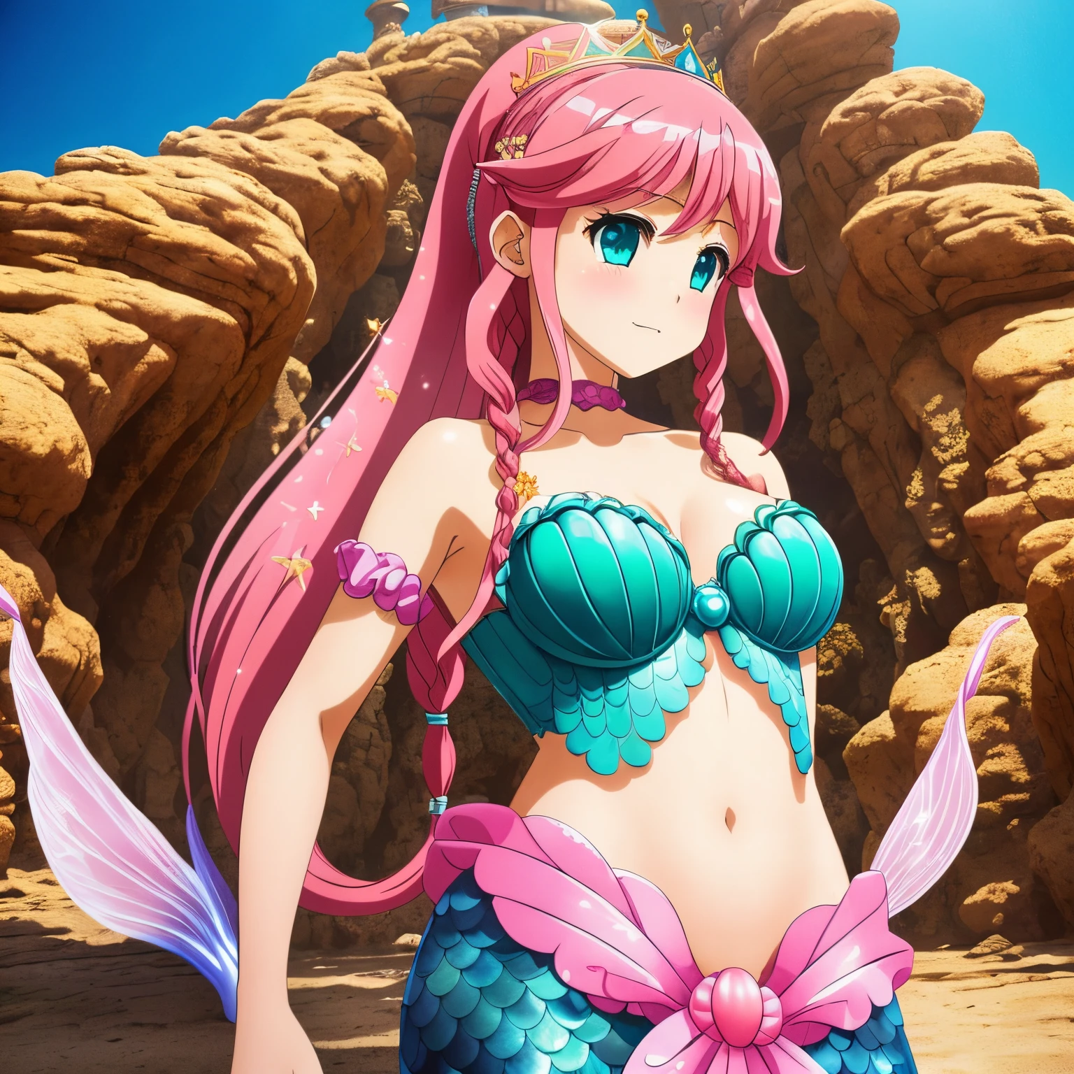 The prompt for the given theme is: "A pretty 15-year-old princess magically transformed into a beautiful mermaid, with a race swap. She has a fish-like appearance, including a long red mermaid tail below her waistline and fins as ears. The artwork should be drawn in an anime style, with the princess having very long pigtails of red hair and pink eyes. Best quality, 4k, highres, masterpiece:1.2, ultra-detailed, realistic:1.37 Medium: Anime Additional details: Sparkling ocean waves, colorful coral reefs, a golden crown adorning the princess's head, red scales shimmering under sunlight, a bra made of seashells, and a mesmerizing underwater castle in the background. Artistic style: Fantasy, Fantasy-Art, Portraits Color palette: Vibrant and iridescent colors, with shades of red, green, and pink. Lighting: Soft and gentle underwater illumination, creating a magical and ethereal ambiance." Please make sure to adhere to the prompt format and include at least 5 detailed elements related to the theme.