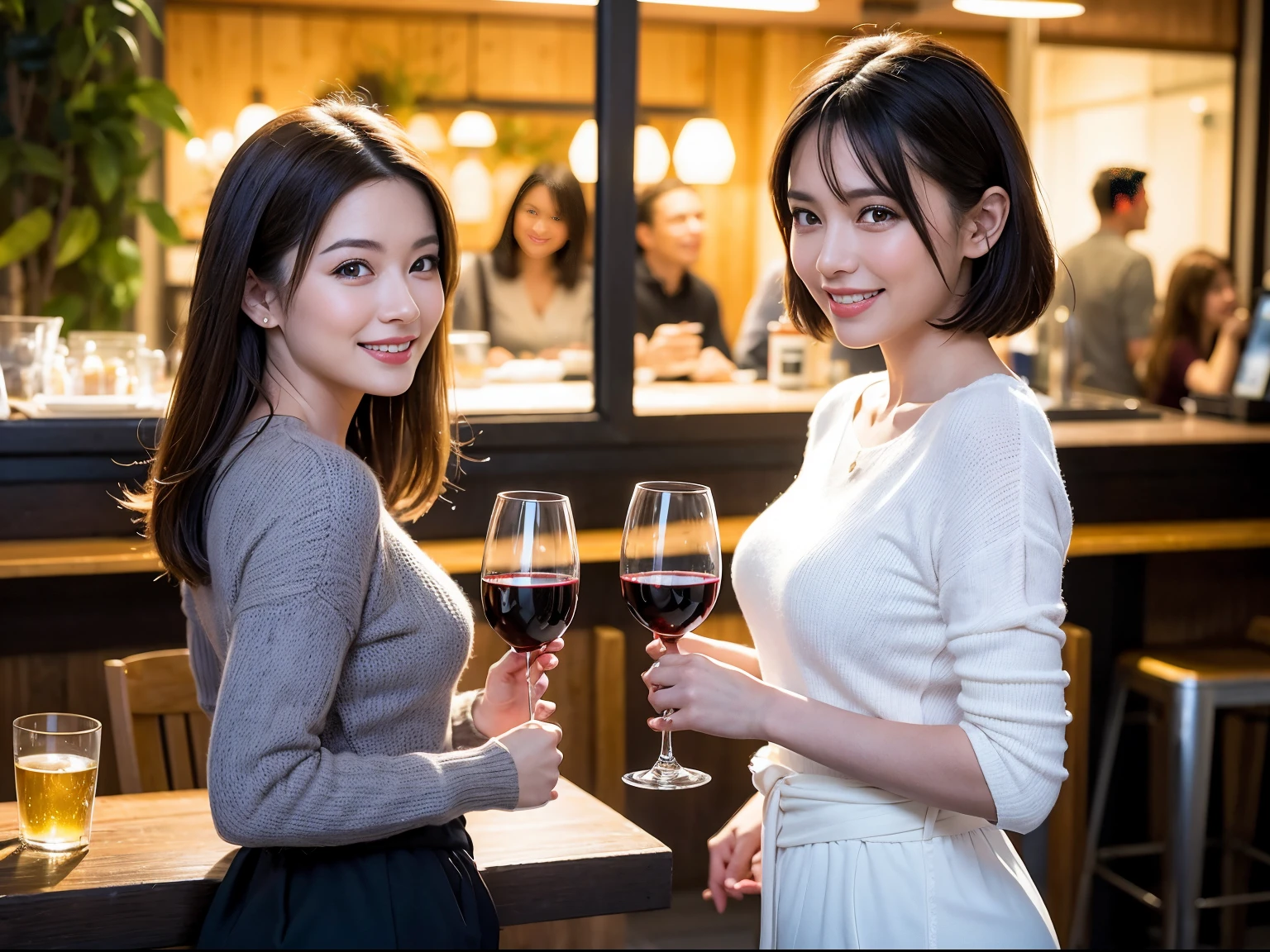 (64k uhd、nffsw、top-quality、​masterpiece:1.2)、(realisitic、Photorealsitic:1.37)、ultra-detailliert、wine glasses、enjoying a glass of wine、a matural female、Two beautiful women、(Slim Faces)、(Slim body)、（brawn hair）、(short-cut)、Latino、smiling french woman、happy italian girl、British woman、Americana、blush a little on the cheeks、(38 years)、42 year old、red wine、A beautiful and detailed night view spreads out outside the window......、resturant、Wine glasses in a prominent place、natta、(from waist up)、sitting on、date、(A smile:1.15)、Beautiful detailed eyes、Cashmere sweater、long-sleeved dresses、japanes、(short-hair:1.2)、Float NovaFrogStyle、、modeled、from waist up、white wine、Slimed、wine glasses、Super beautiful night view、Put the wine glass in the middle、Happy smile、(8K、Raw photography、top-quality、​masterpiece:1.2)、(realisitic、Photorealsitic:1.37)、ultra-detailliert、超A high resolution、2 females、see the beholder、beautifull detailed face、A smile、Constriction、(Slim waist) :1.3)、knit shirt、Beautiful detailed skin、Skin Texture、floated hair、professional light needle breast、eyes gentle