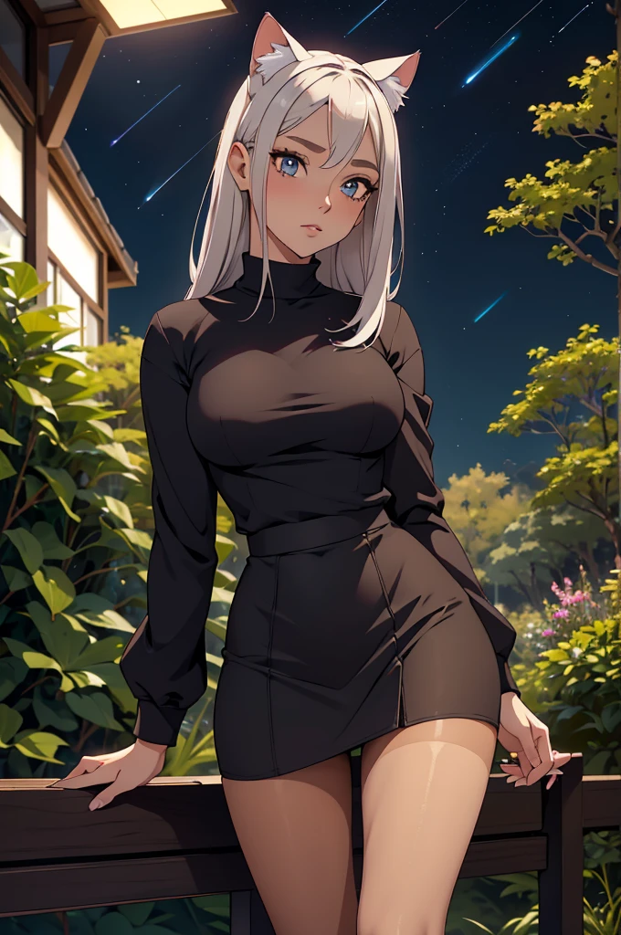 foto de corpo inteiro,cat ears on the head of a beautiful young woman wearing a short skirt, usando meias preta longas e sueterpreto apertado ,corpo inteiro na foto,floresta a noite varias luzes,belas coxas, coxas lindas belhos olhos escuros detalhados, sueter branco apertado,maio apertado , tight pantyhose, mini saia , ceu limpo a noite com estrelas numa floresta a noite,short curto linda jovem, olhos sedutores feminino.CABELO CURTO PRETO((CABELOS CURTO PRETO))
